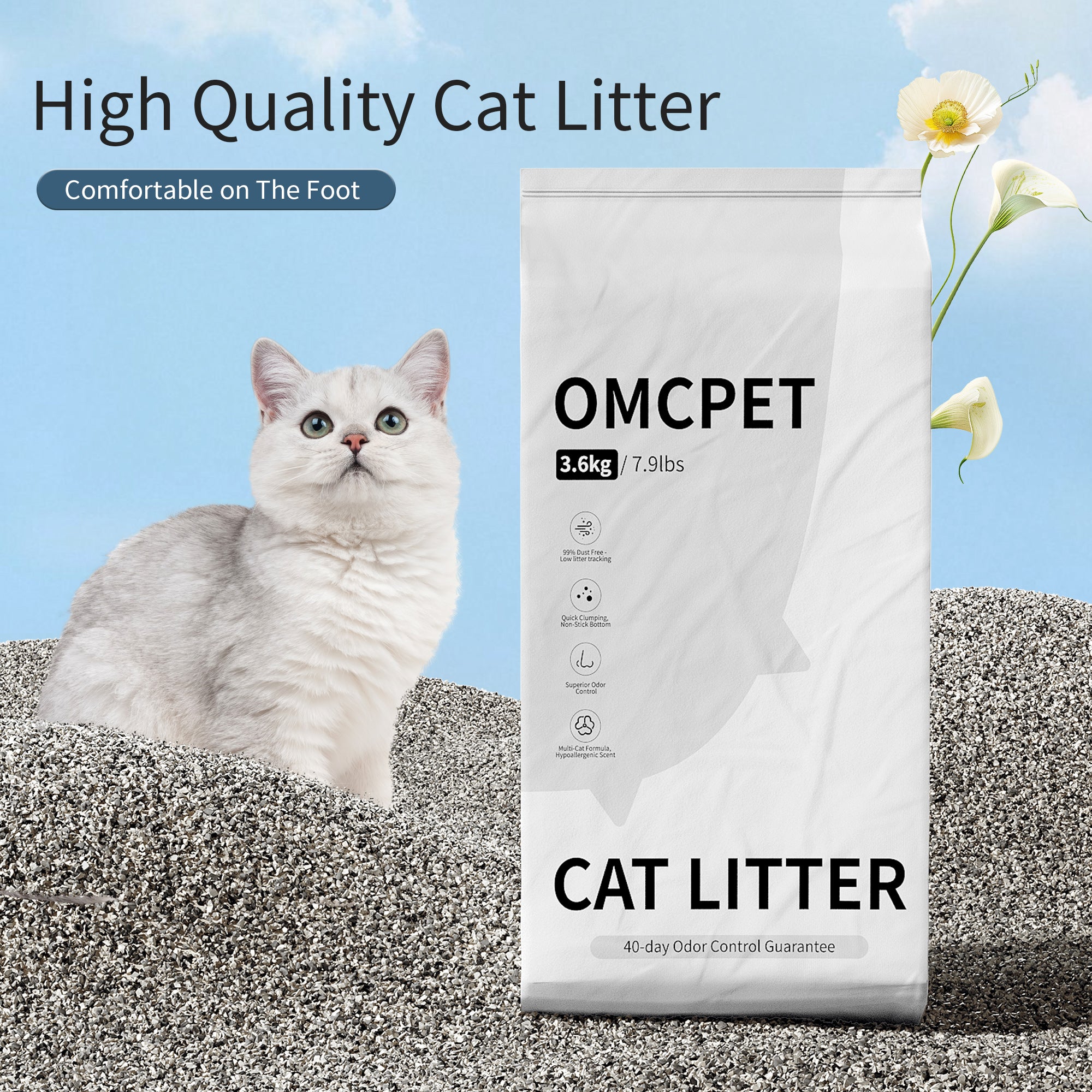 OMCPET Natural Clumping Litter – Odor Control & Dust-Free（2ps）