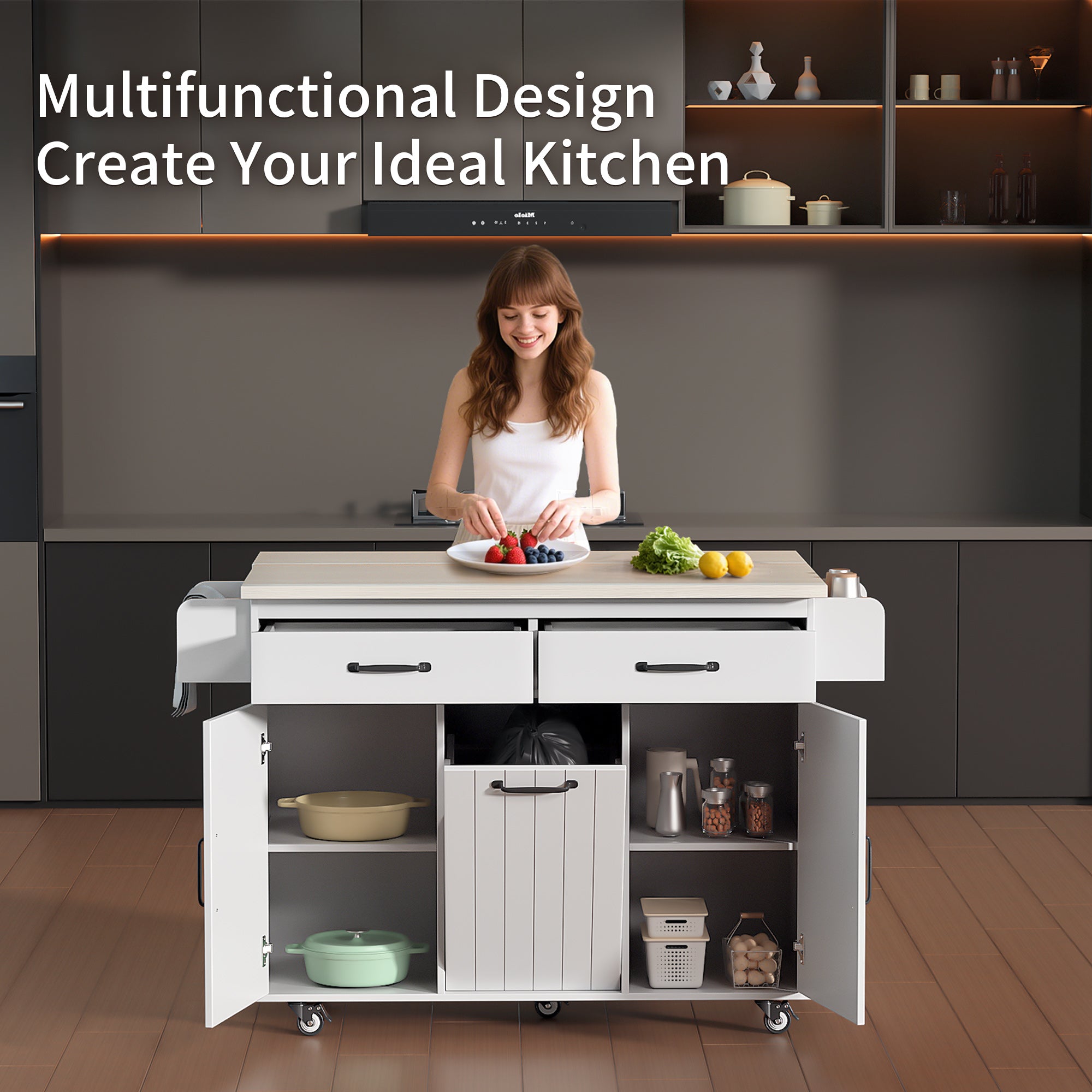 K&K White Rolling Kitchen Island with Trash Cabinet, Drop Leaf, Storage & Shelves