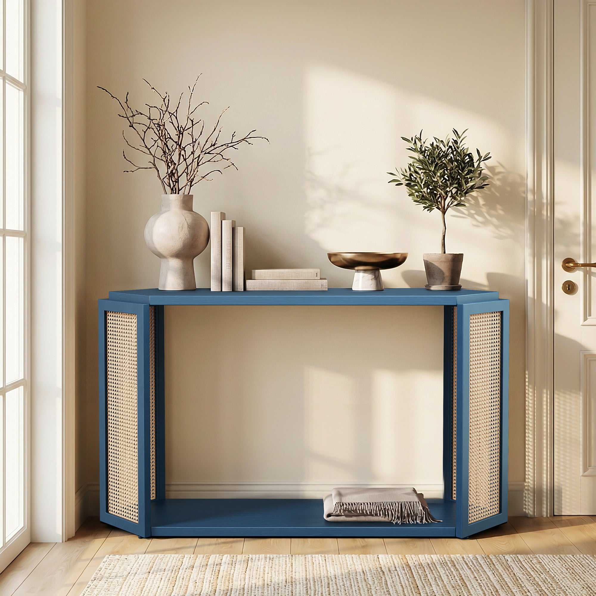 CATLK 53.54" Rattan Console Table with Open Shelf - Narrow Sofa Table Rhombus Wooden Table for Entryway, Hallway, Living Room