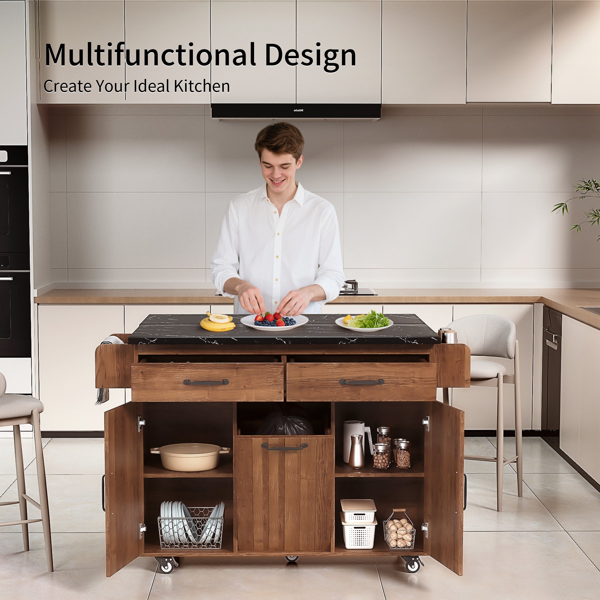 K&K Walnut Brown Kitchen Island Cart with Drop Leaf & Tilt-Out Trash Cabinet