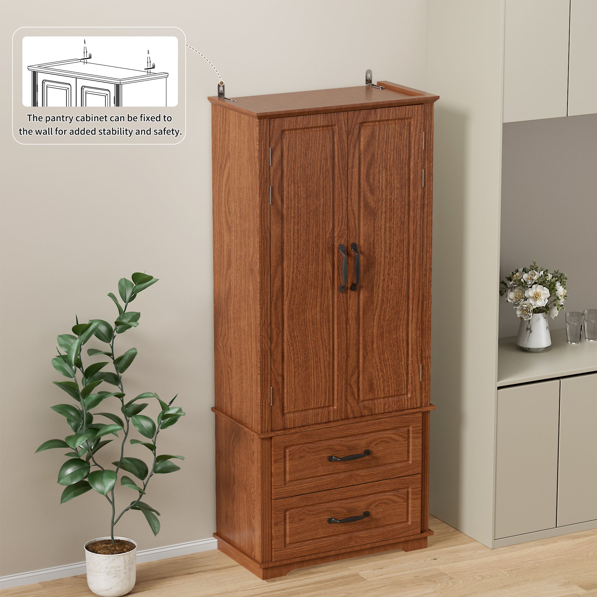 K&K 71" Farmhouse Kitchen Pantry Cabinet with Storage Brown