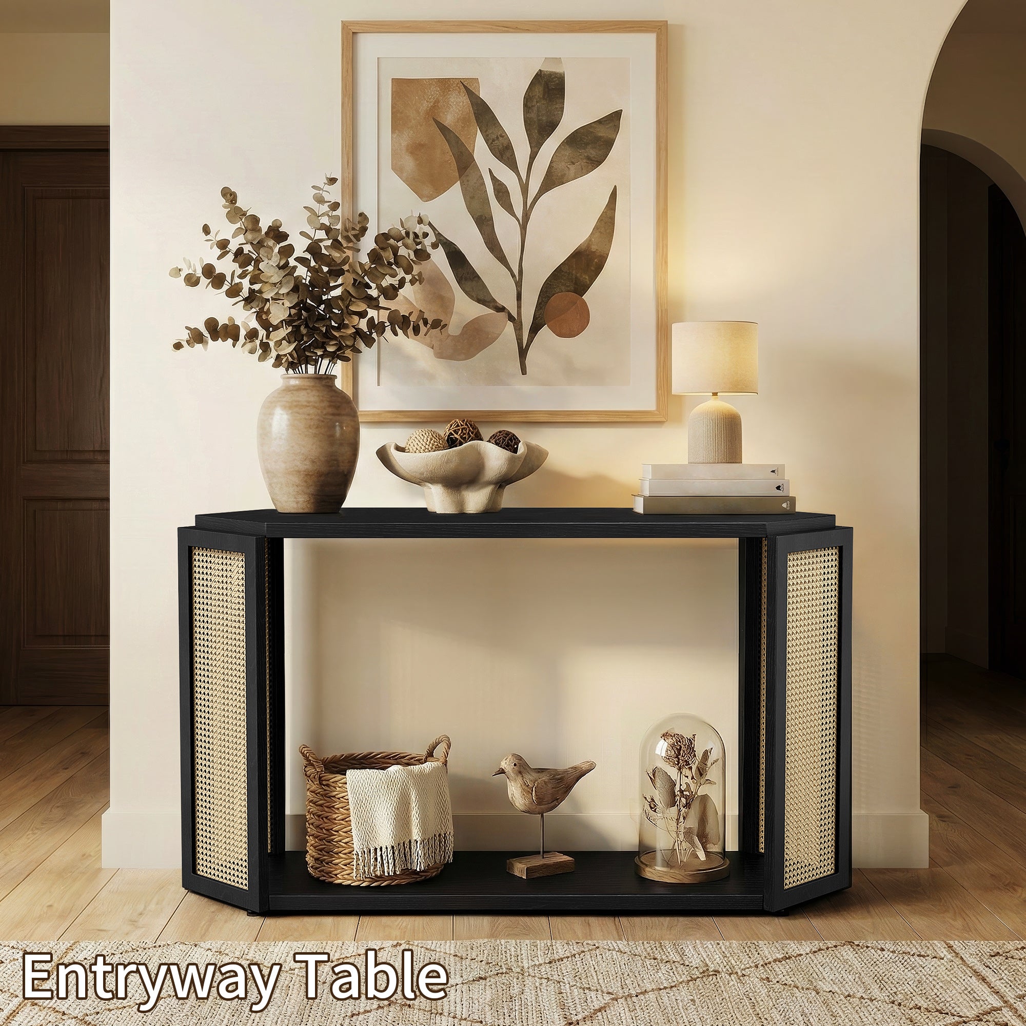 CATLK 53.54" Rattan Console Table with Open Shelf - Narrow Sofa Table Rhombus Wooden Table for Entryway, Hallway, Living Room