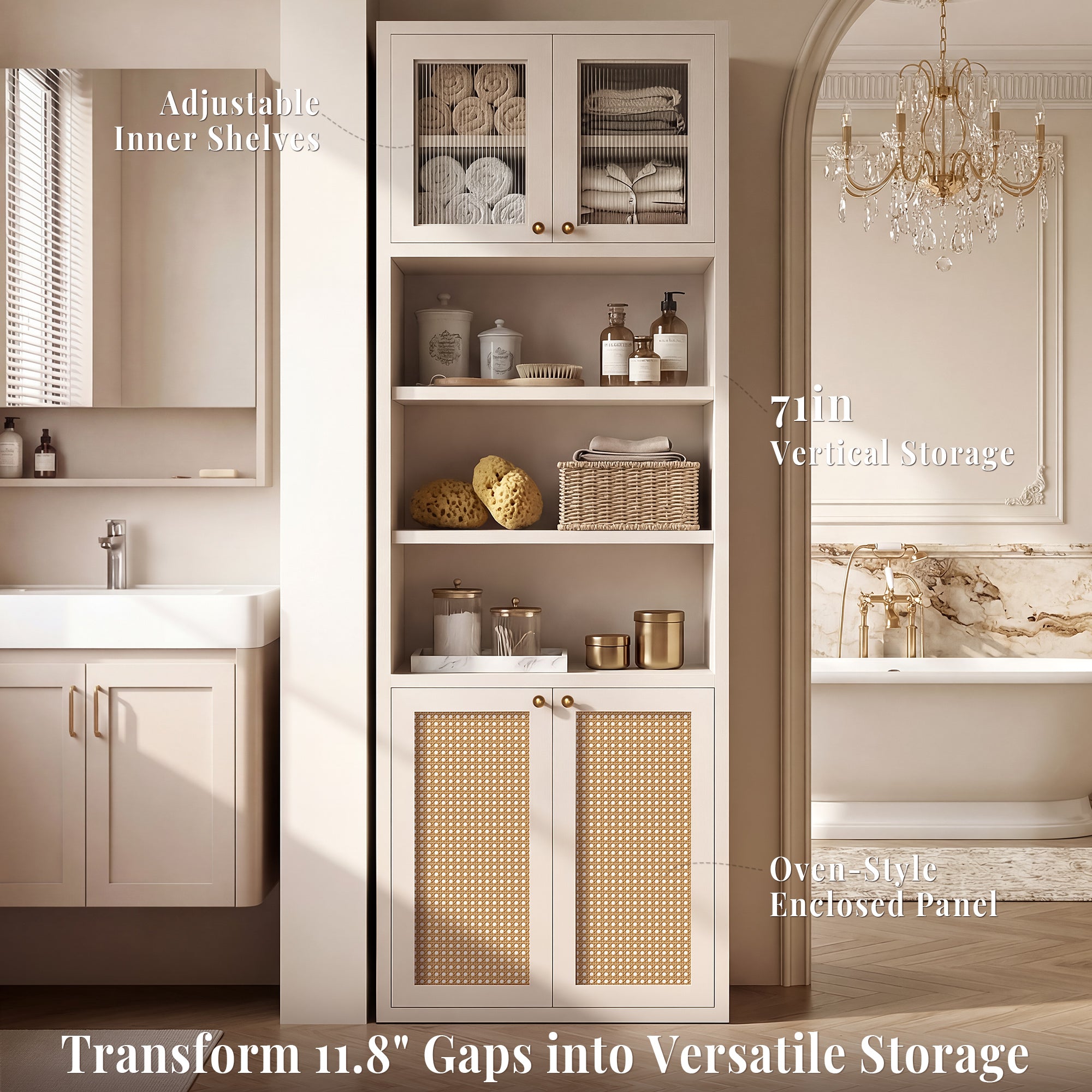 OMCHOM 71" Tall Bathroom Storage Cabinet with Adjustable Shelves,with Fluted Glass & Rattan Doors, Narrow Tall Linen Tower with Open Shelves, Two-Way Doors Freestanding Cabinet with Anti-Tip, for Home, Kitchen, Living Room
