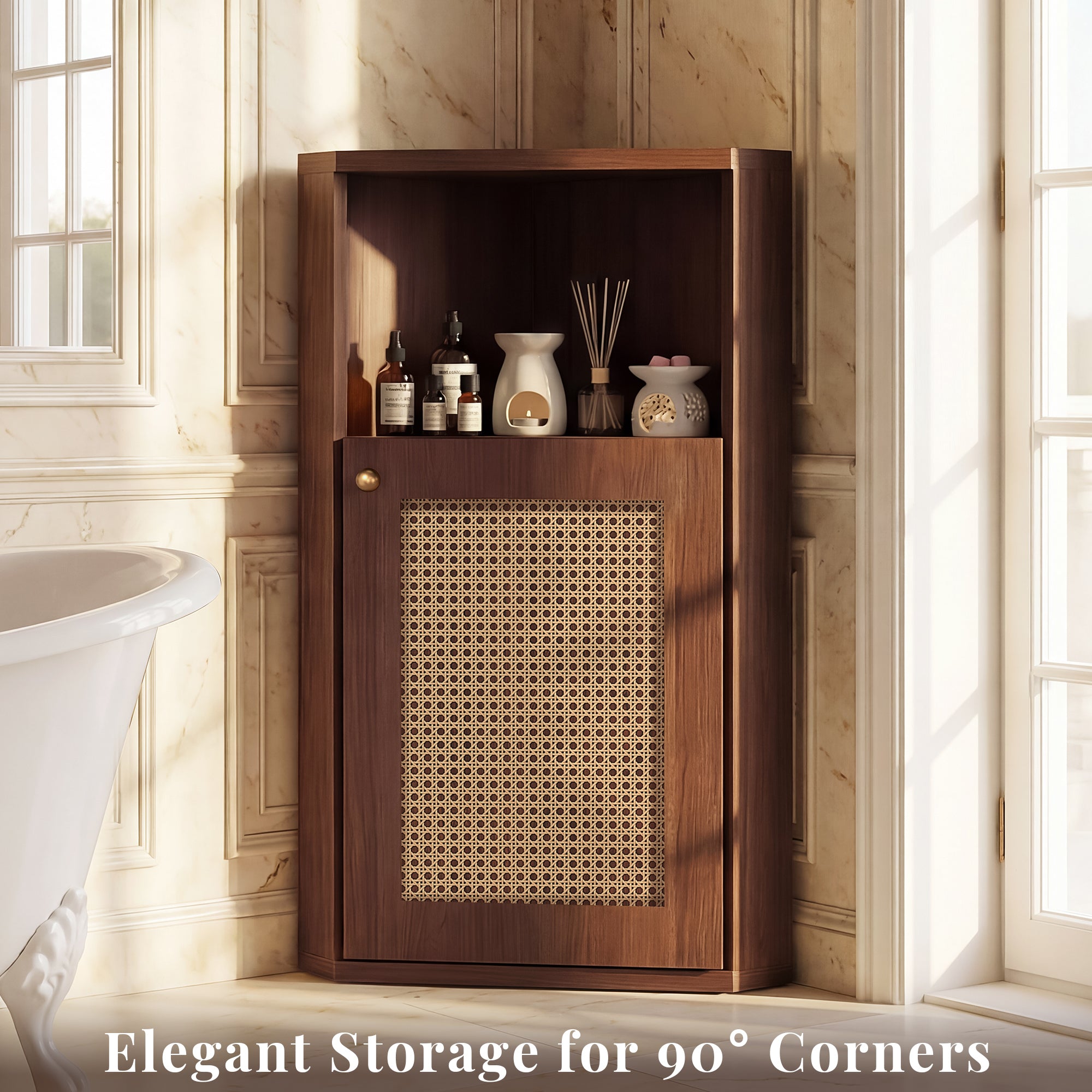 OMCHOM Corner Bathroom Cabinet, Space-Saving 90° Triangular Design with Adjustable Internal Shelf, With Elegant Rattan Door, Anti-Tip & Soft-Close Features, Multipurpose Organizer for Bathroom Bedroom Living Room Entryway