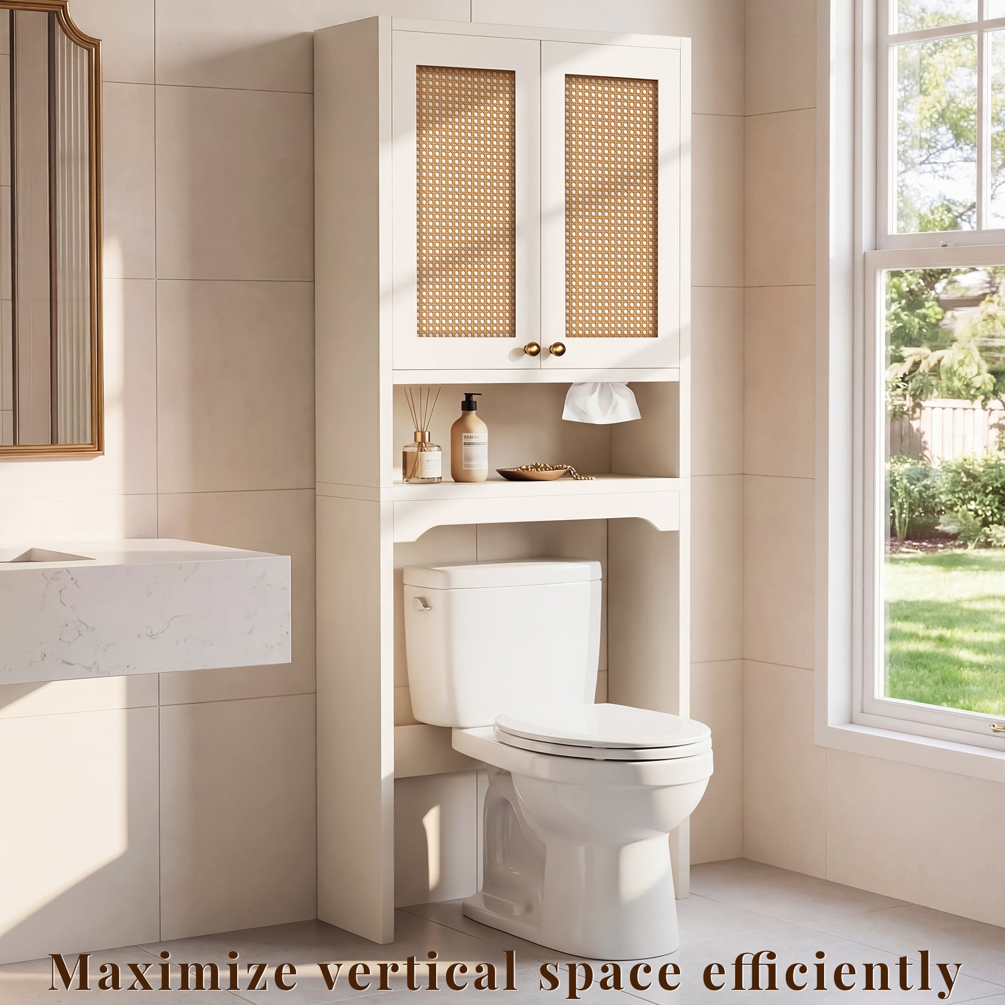 OMCHOM Over-The-Toilet Tall Bathroom Storage Cabinet with Wooden Floor, Rattan Door, 1 Drawer & Open Storage for Bathroom, Kitchen, Living Room