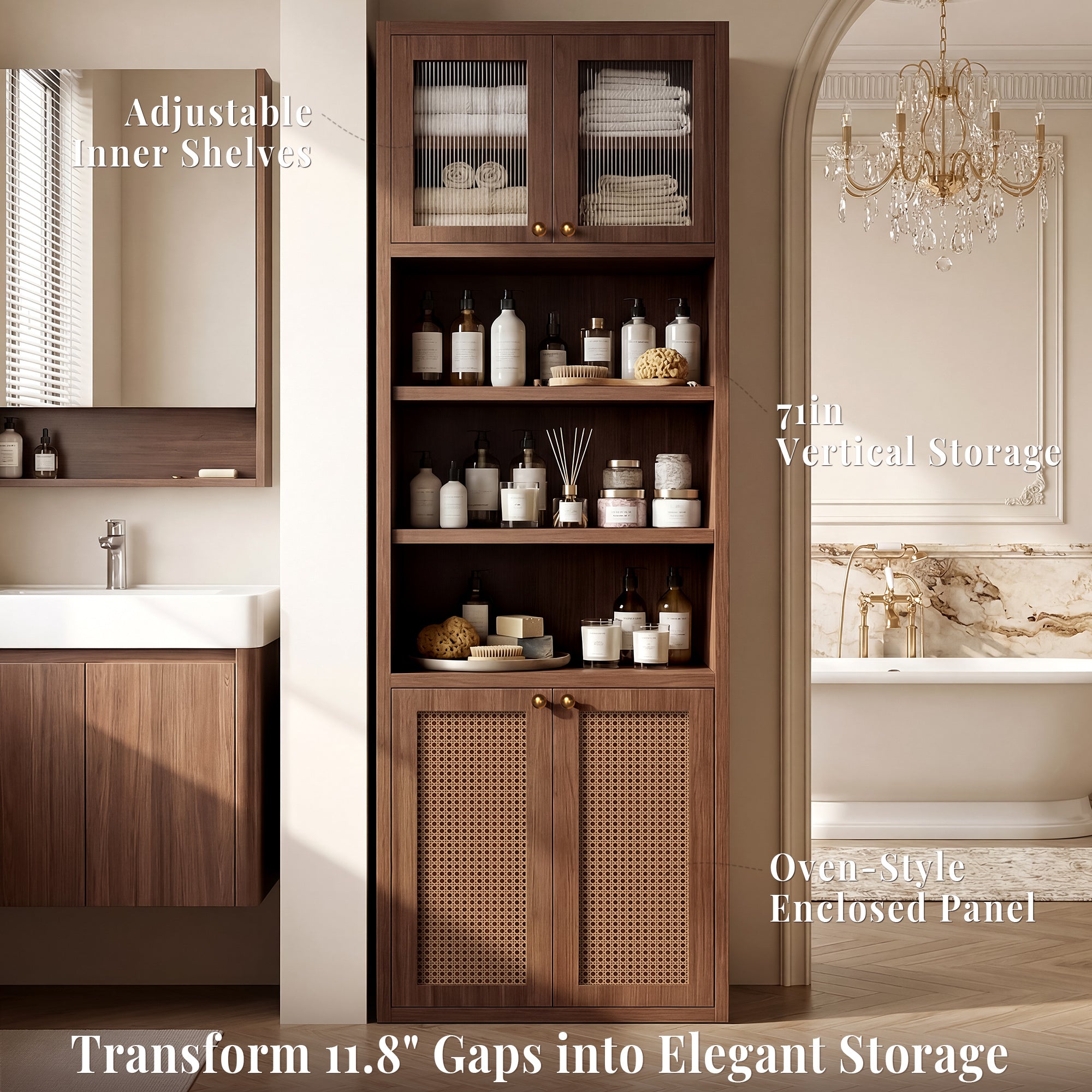 OMCHOM 71" Tall Bathroom Storage Cabinet with Adjustable Shelves,with Fluted Glass & Rattan Doors, Narrow Tall Linen Tower with Open Shelves, Two-Way Doors Freestanding Cabinet with Anti-Tip, for Home, Kitchen, Living Room