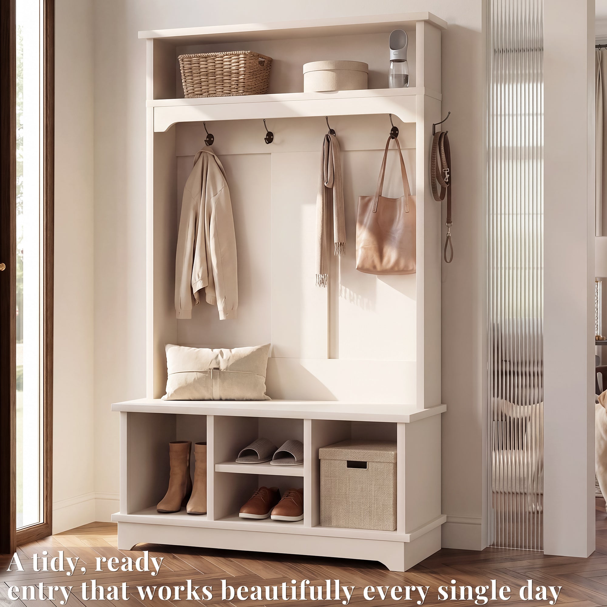 OMCHOM 5-in-1 Entryway Hall Tree with Bench & 4-Hook Coat Rack Organizer with Shoe Storage for Clothes, Shoes, Hats, Scarves, Bags, Umbrellas & Keys | 71" Tall Coat Rack with Shoe Storage & Top Shelf