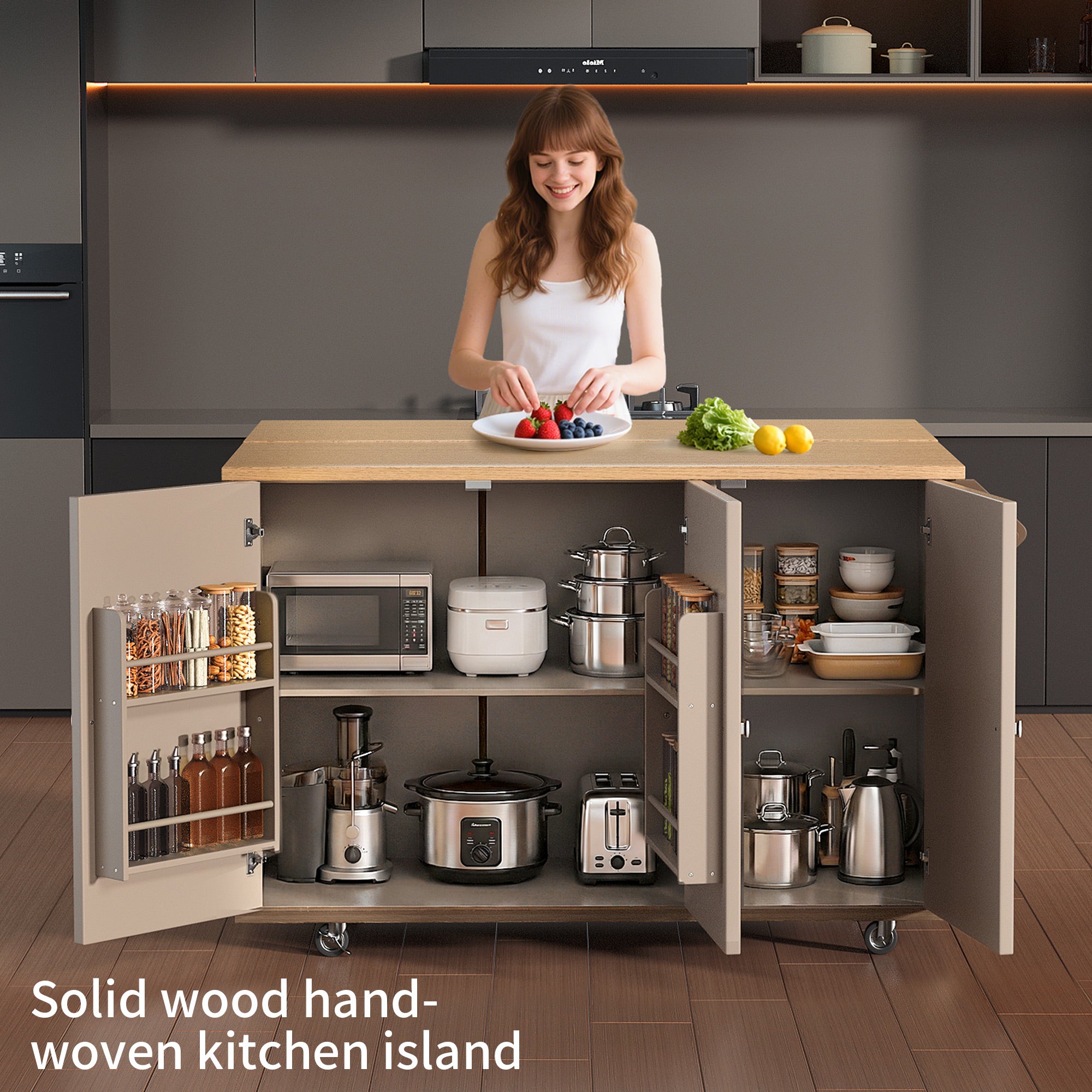 CATLK 51.2"W Kitchen Island on Wheels, Rolling Kitchen Island Cart with Solid Wood Drop Leaf Prep Table, Kitchen Islands with Storage Cabinet and Towel Rack, Island Table