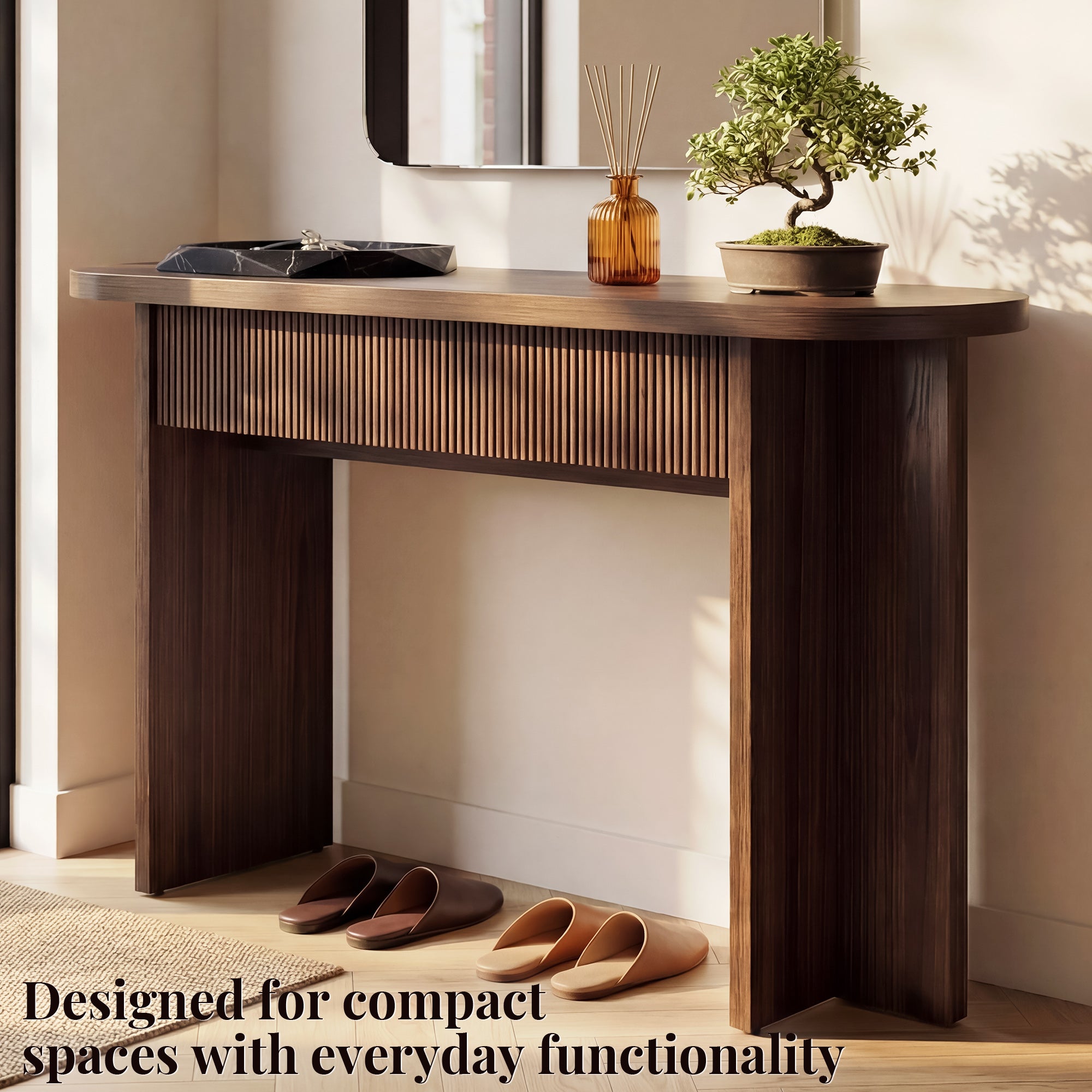 OMCHOM 55” Accent Console Table with Front Apron, Minimalist Style Entrance Table, Open Storage Sofa Table for Entrance, Hallway, Living Room, Bedroom, Dining Room, Corridor, Black