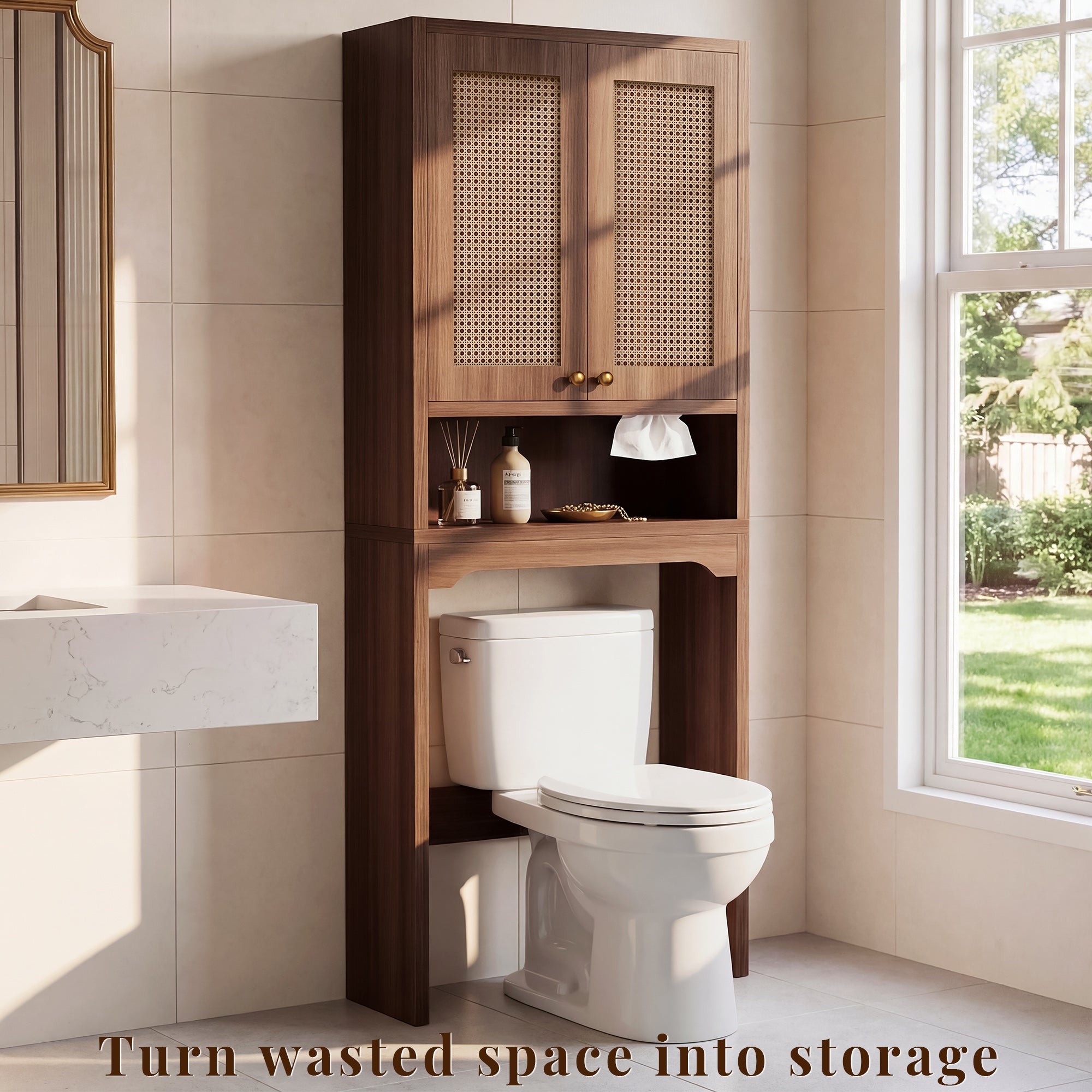 OMCHOM Over-The-Toilet Tall Bathroom Storage Cabinet with Wooden Floor, Rattan Door, 1 Drawer & Open Storage for Bathroom, Kitchen, Living Room