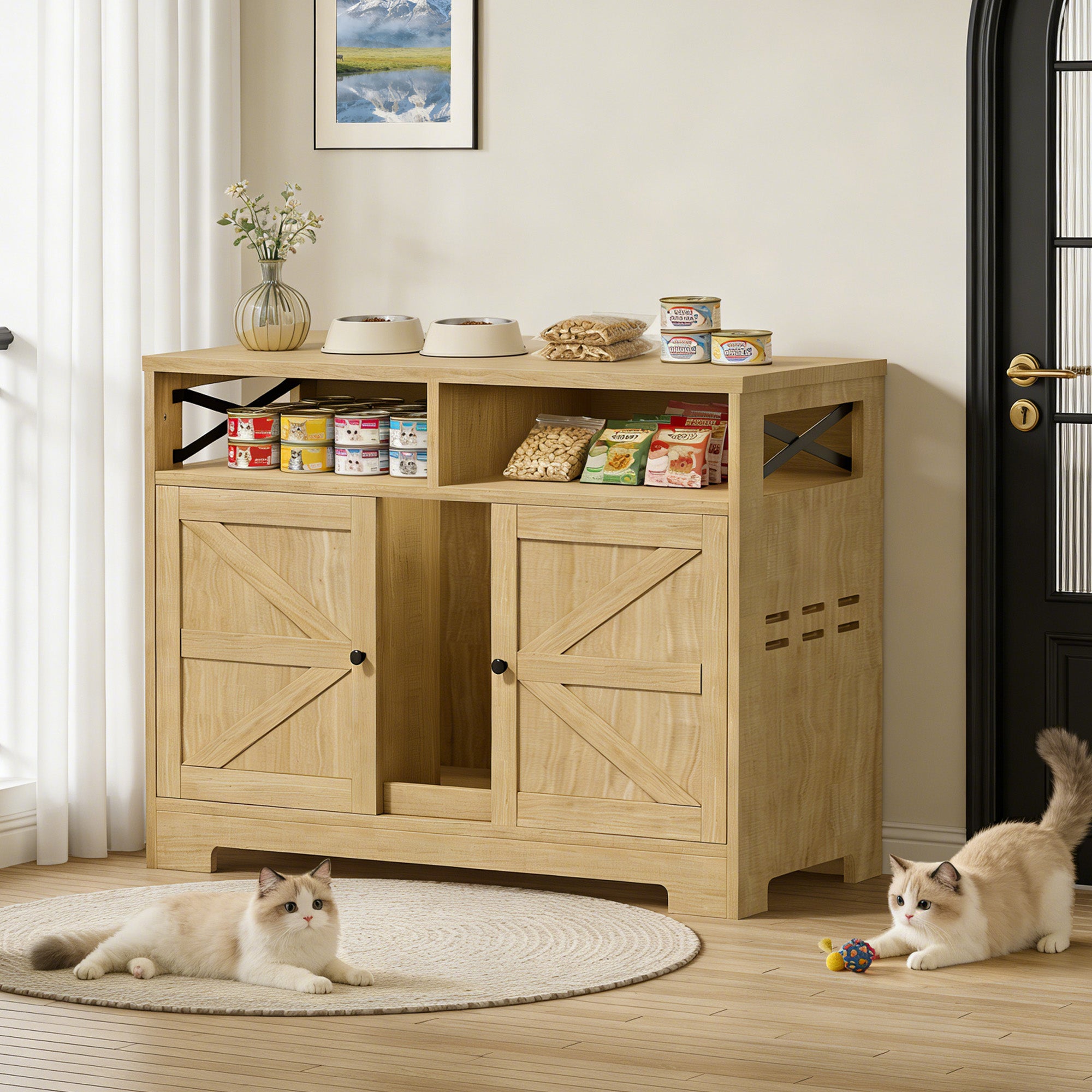 CATLK Double Cat Litter Box Enclosure - Hidden Litter Box Furniture Cabinet with Storage for 2 Cats, Wood Indoor Cat House Washroom End Side Table, Brown