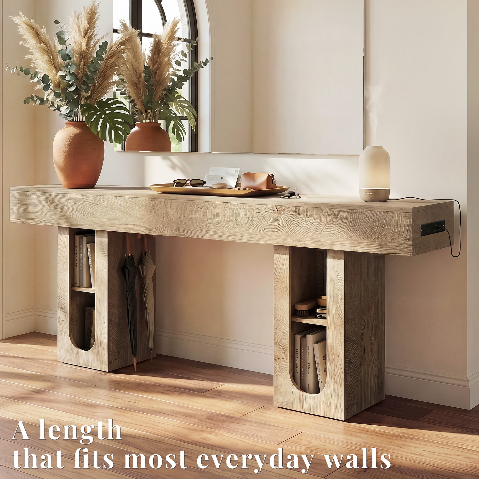 OMCHOM 63-Inch Long Console Table, Wooden Rectangular Sofa Table Behind The Couch, Farmhouse Entryway Table for Entrance, Hallway, Living Room (Natural) Modern