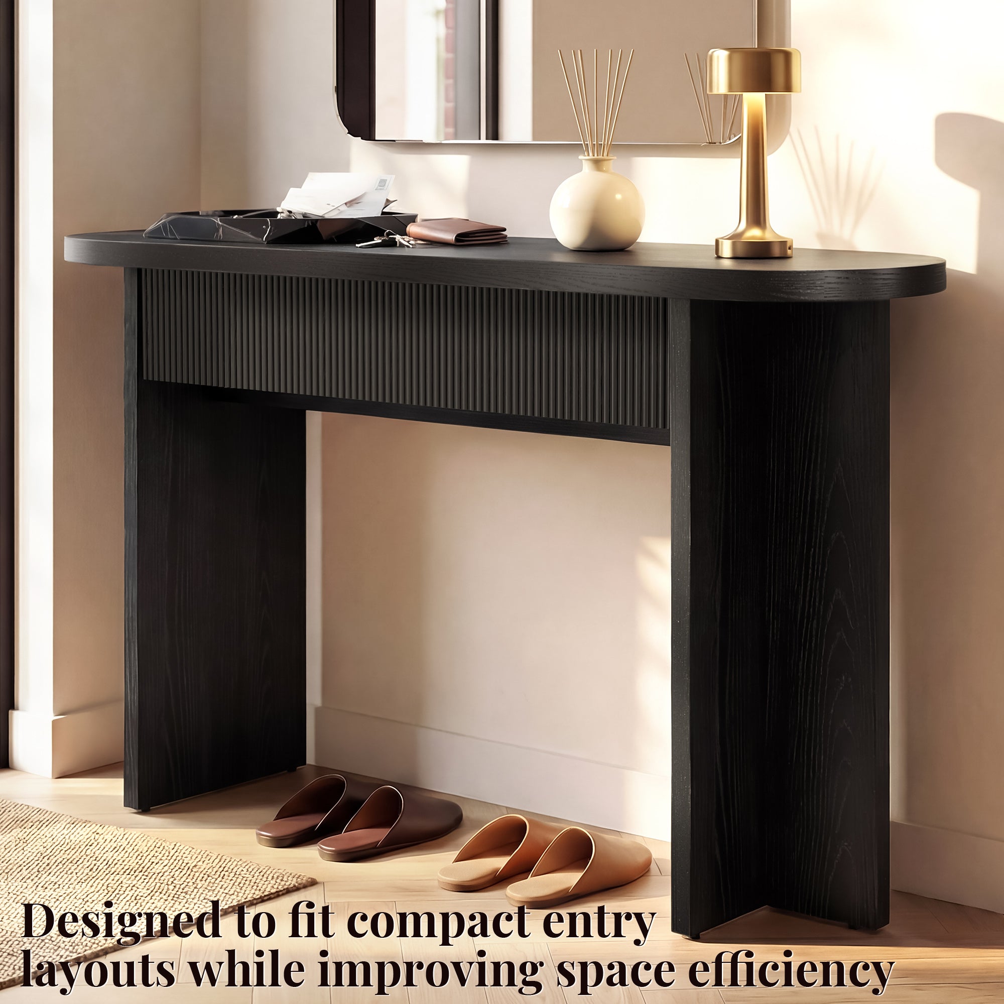 OMCHOM 55” Accent Console Table with Front Apron, Minimalist Style Entrance Table, Open Storage Sofa Table for Entrance, Hallway, Living Room, Bedroom, Dining Room, Corridor, Black