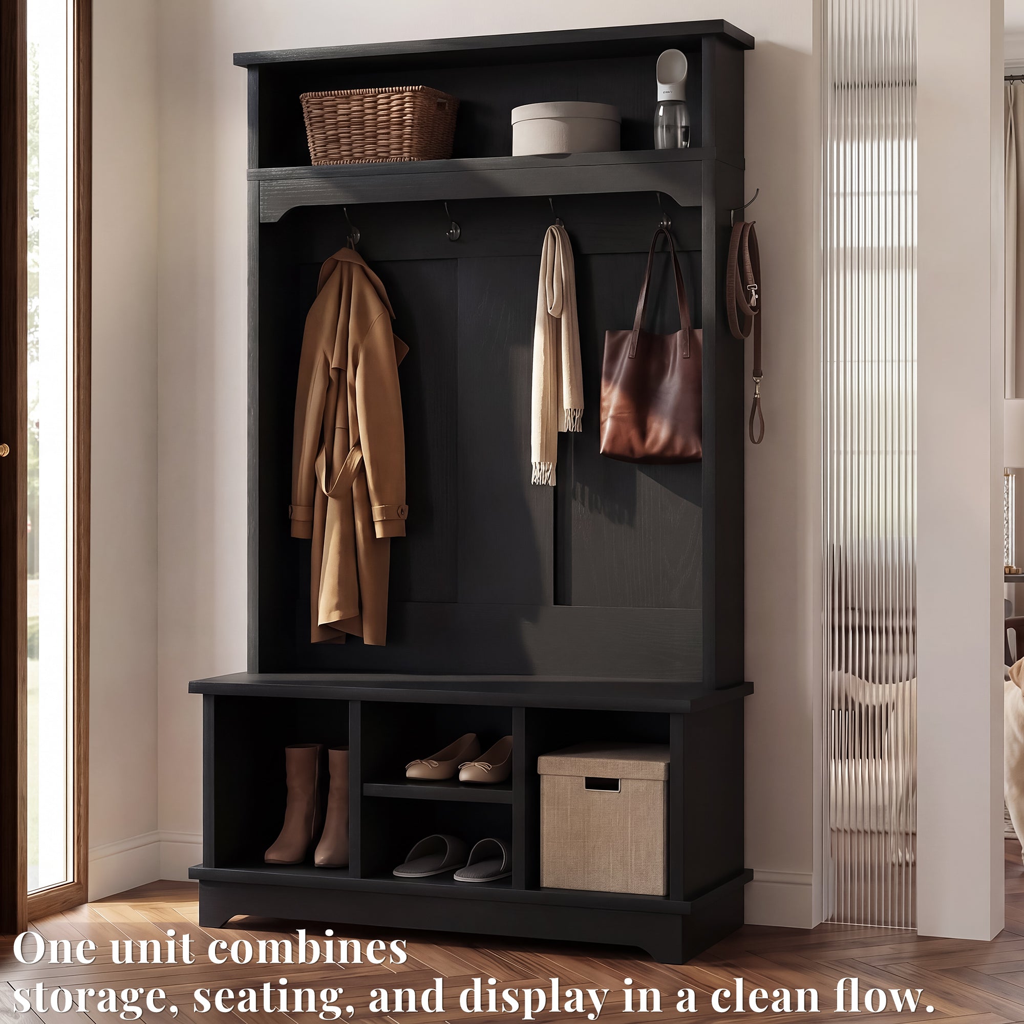 OMCHOM 5-in-1 Entryway Hall Tree with Bench & 4-Hook Coat Rack Organizer with Shoe Storage for Clothes, Shoes, Hats, Scarves, Bags, Umbrellas & Keys | 71" Tall Coat Rack with Shoe Storage & Top Shelf