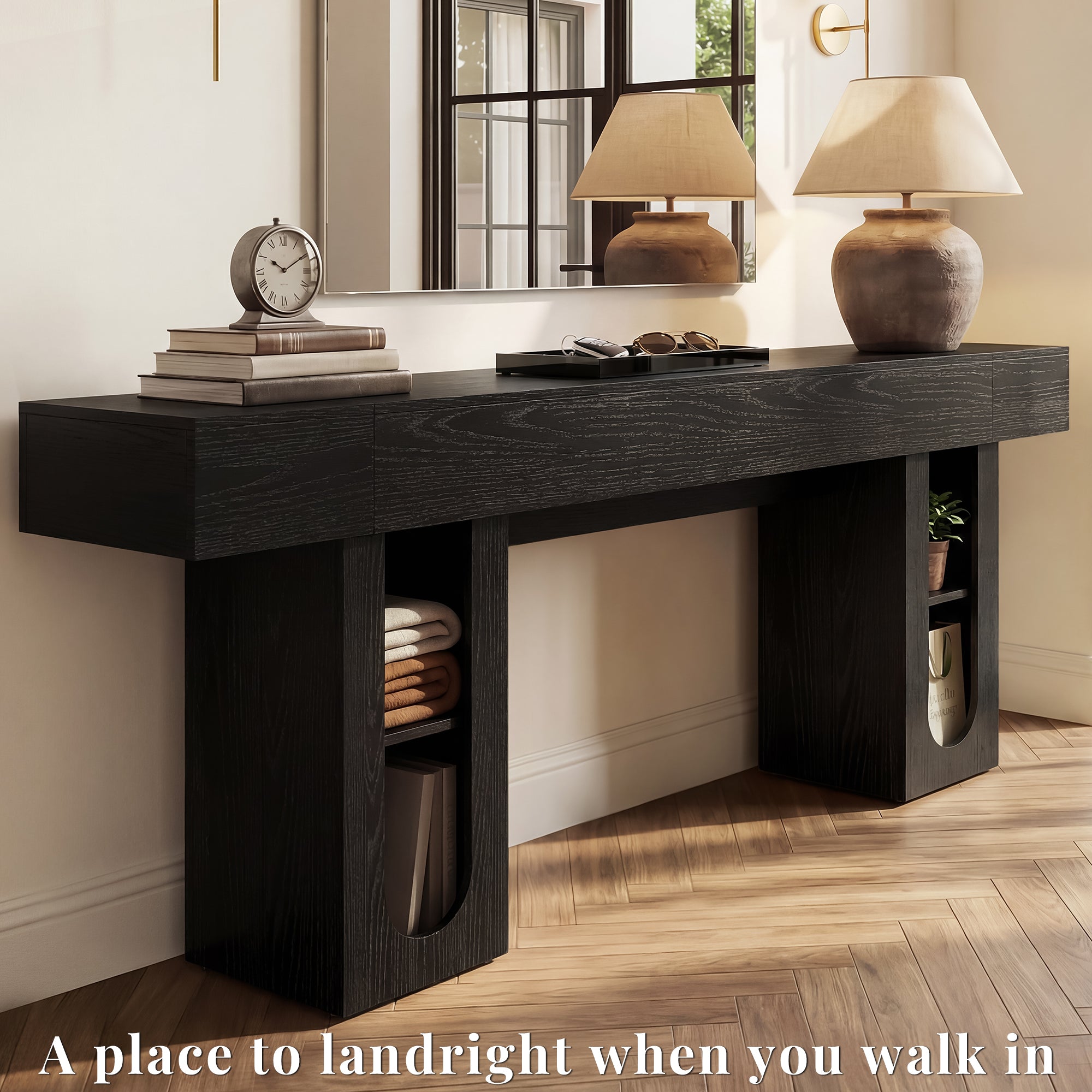 OMCHOM Rustic Farmhouse Console Table, 79 Inches Entryway Console Table with Storage, Industrial Hallway Accent Table for Living Room, Entrance