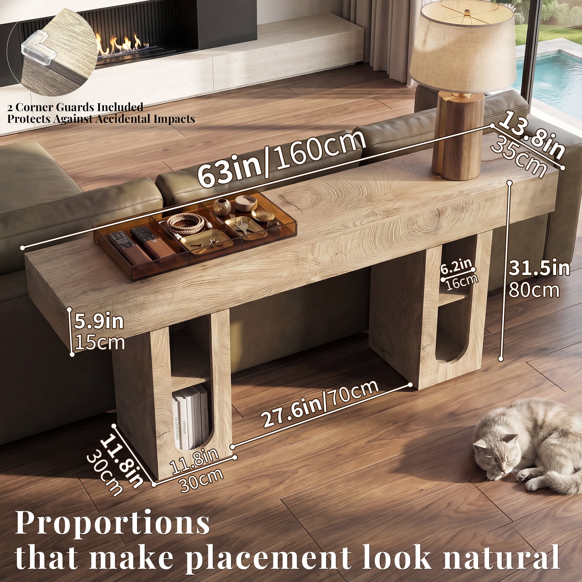 OMCHOM 63-Inch Long Console Table, Wooden Rectangular Sofa Table Behind The Couch, Farmhouse Entryway Table for Entrance, Hallway, Living Room (Natural) Modern