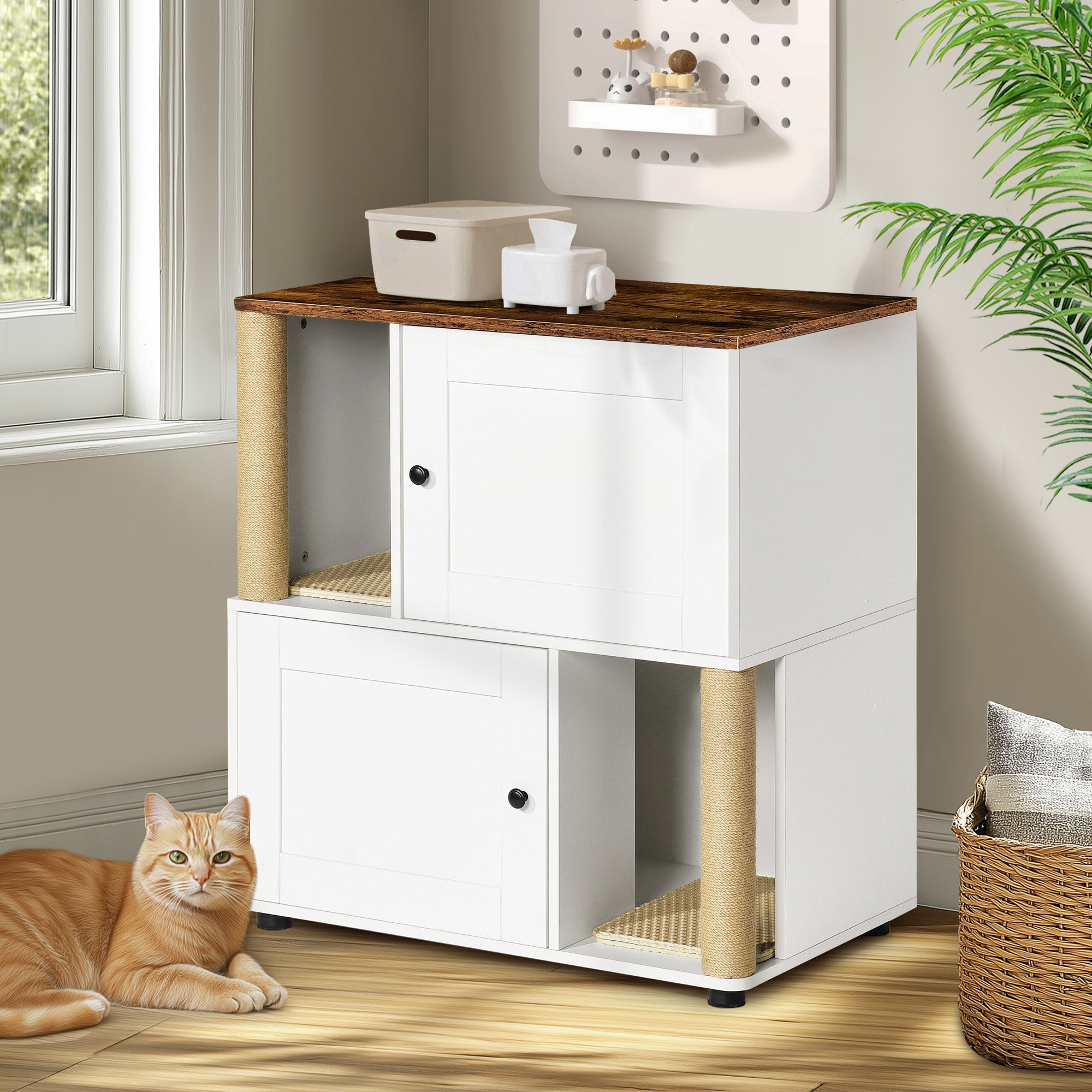 Dual Cat Litter Enclosure for Two Cats – Hidden Box Cabinet with Storage