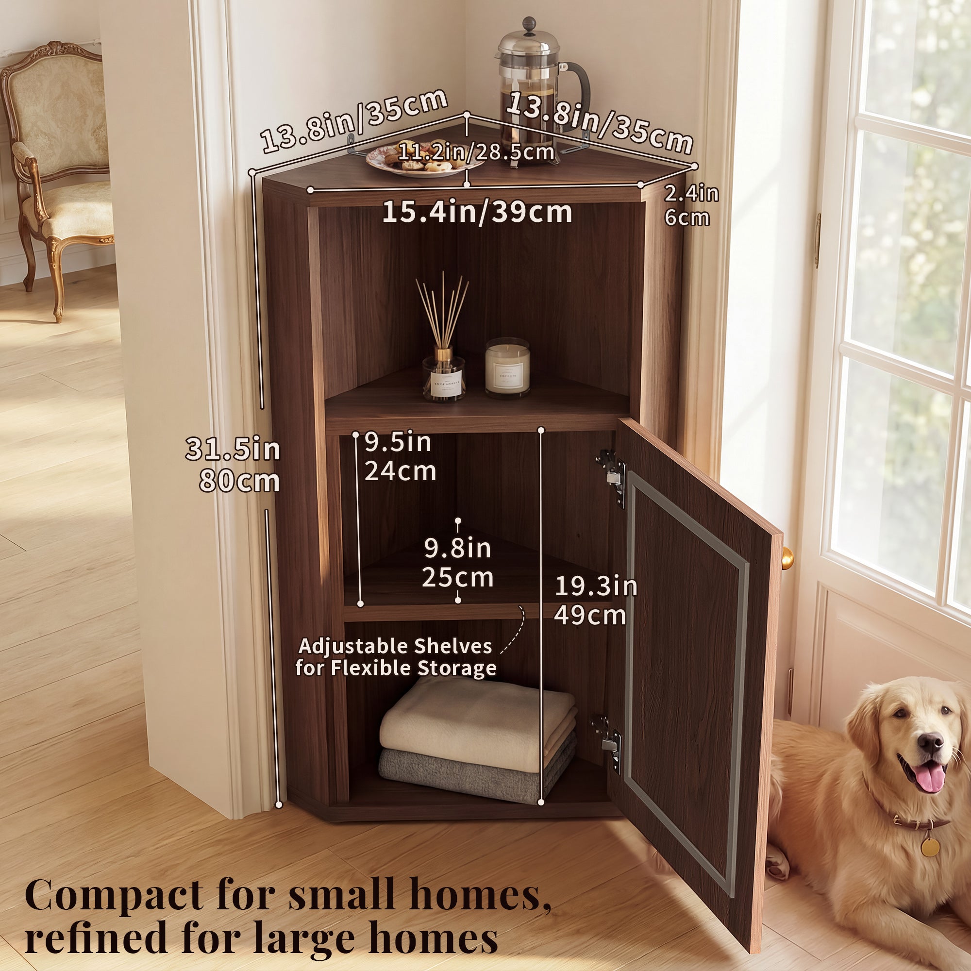 OMCHOM Corner Bathroom Cabinet, Space-Saving 90° Triangular Design with Adjustable Internal Shelf, With Elegant Rattan Door, Anti-Tip & Soft-Close Features, Multipurpose Organizer for Bathroom Bedroom Living Room Entryway