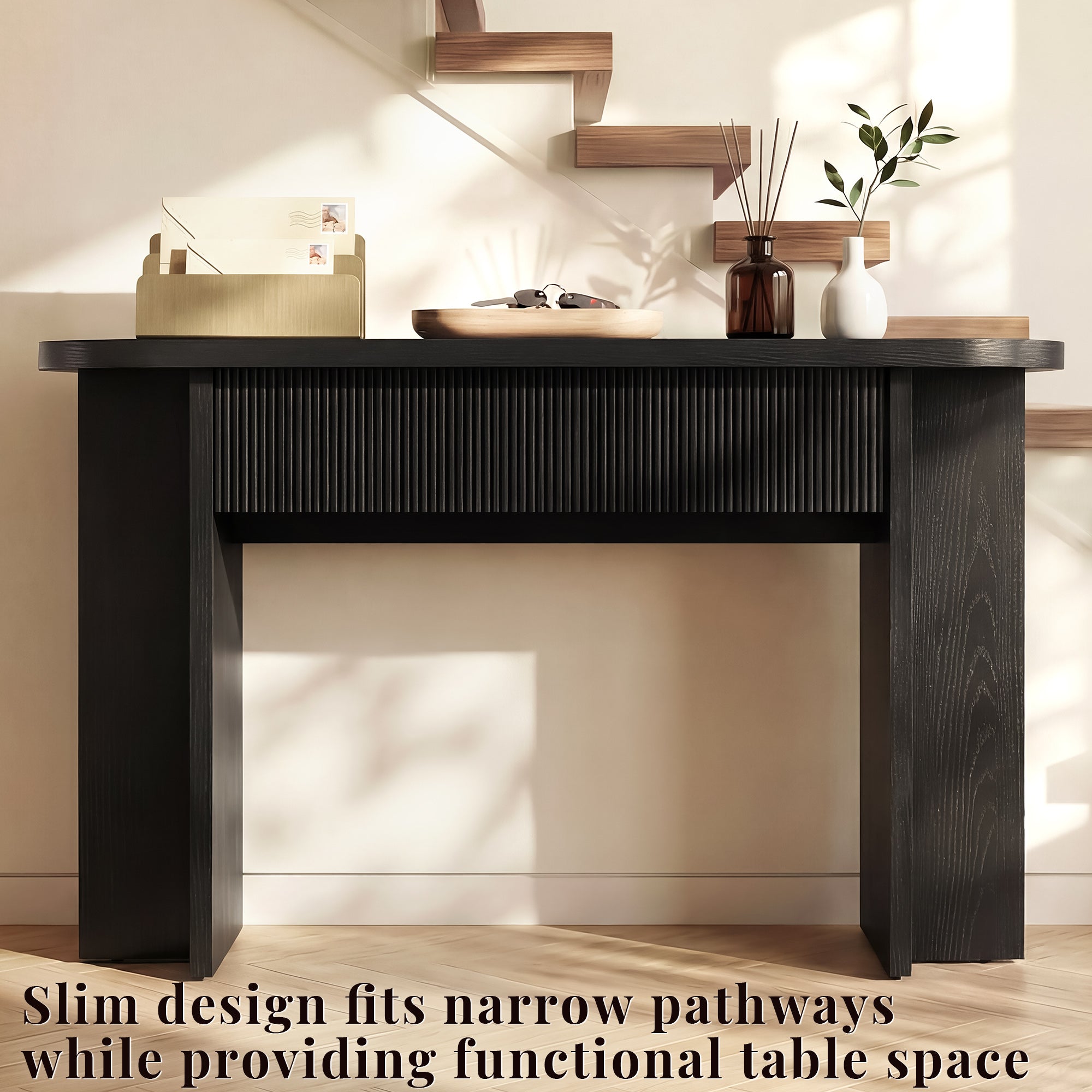 OMCHOM 55” Accent Console Table with Front Apron, Minimalist Style Entrance Table, Open Storage Sofa Table for Entrance, Hallway, Living Room, Bedroom, Dining Room, Corridor, Black