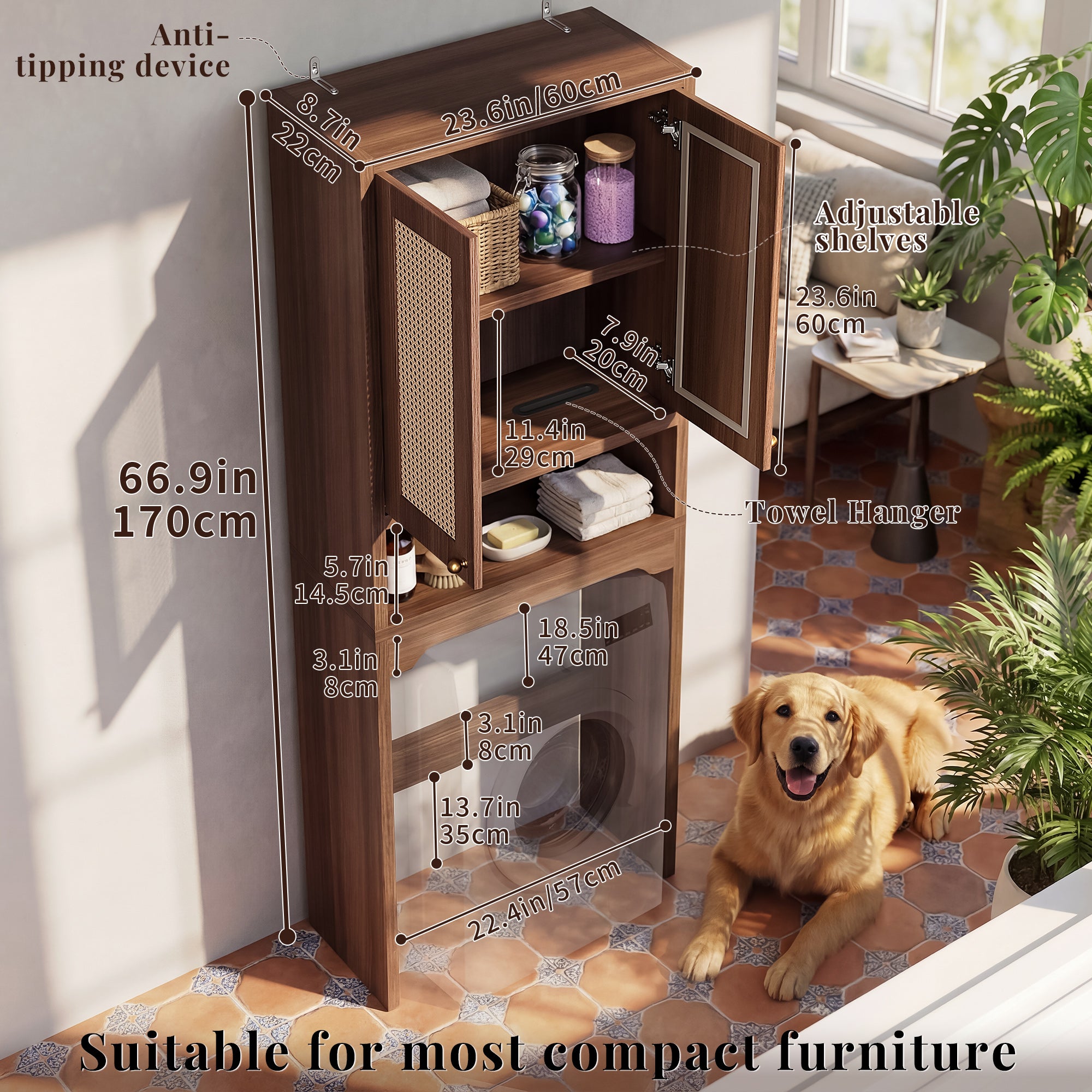 OMCHOM Over-The-Toilet Tall Bathroom Storage Cabinet with Wooden Floor, Rattan Door, 1 Drawer & Open Storage for Bathroom, Kitchen, Living Room