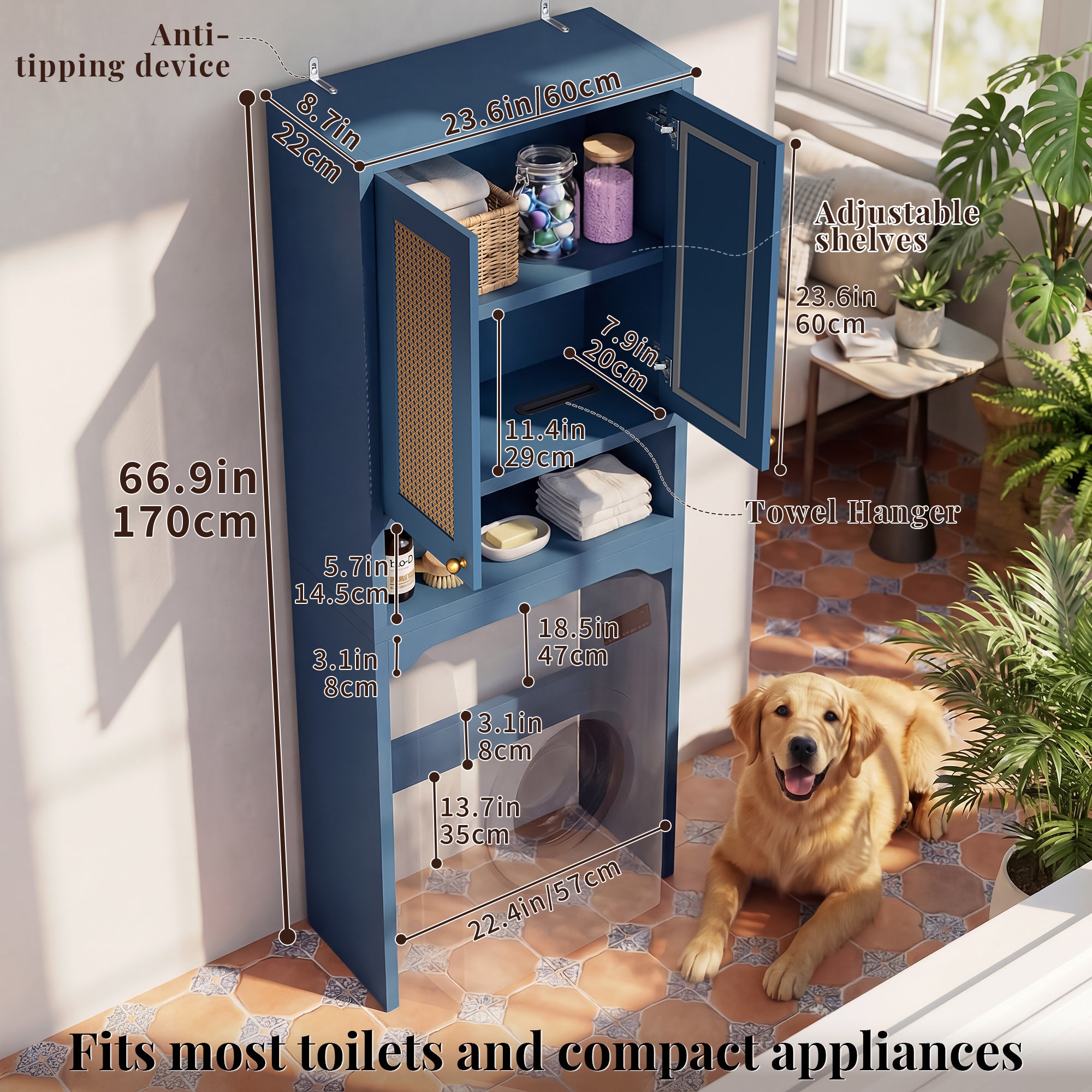 OMCHOM Over-The-Toilet Tall Bathroom Storage Cabinet with Wooden Floor, Rattan Door, 1 Drawer & Open Storage for Bathroom, Kitchen, Living Room