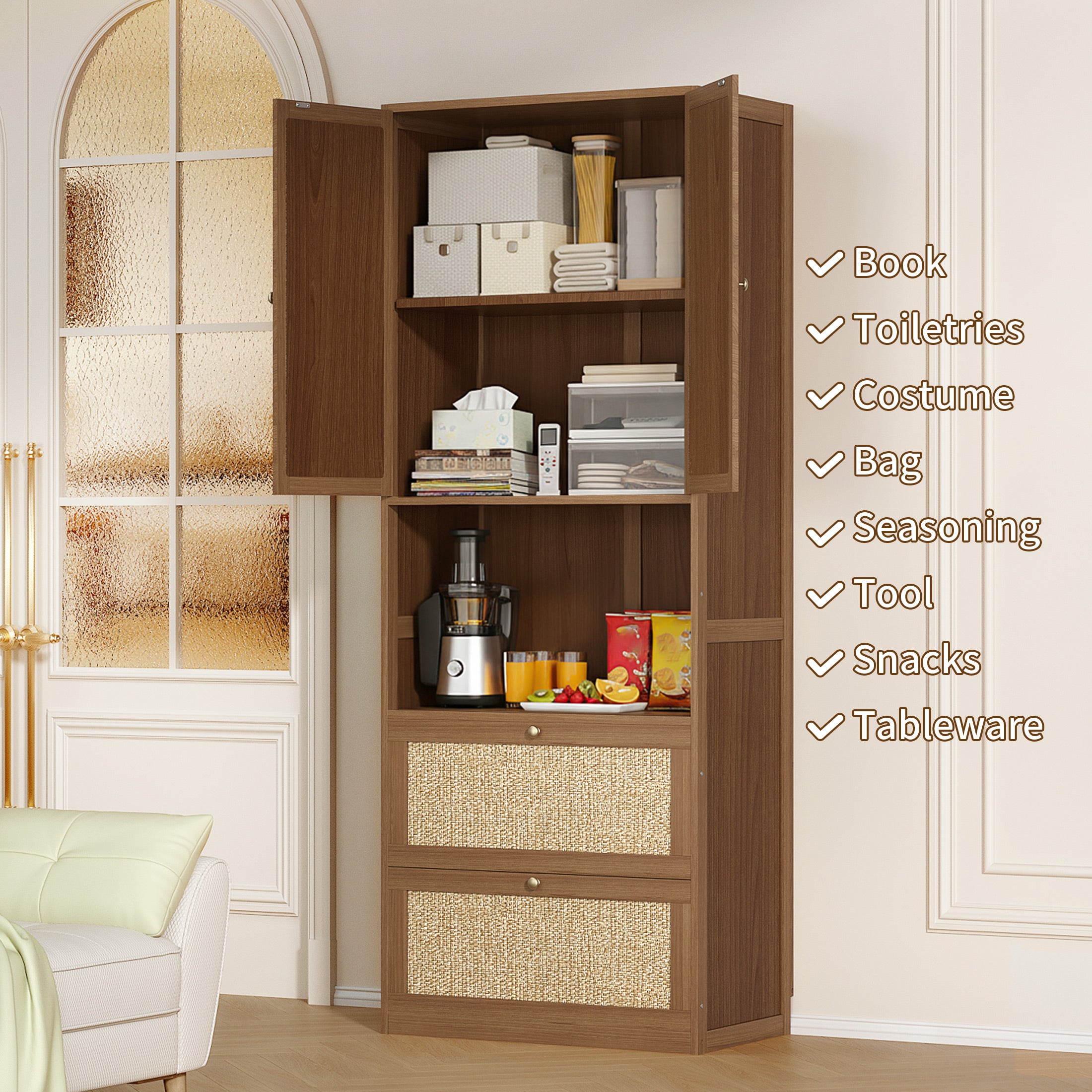 CATLK 72.8" H Rattan Pantry Storage Cabinet with 3 Drawers, Bookshelf with USB Port, with 2 Doors, Cupboard, Kitchen Cabinet, for Living Room, Entryway