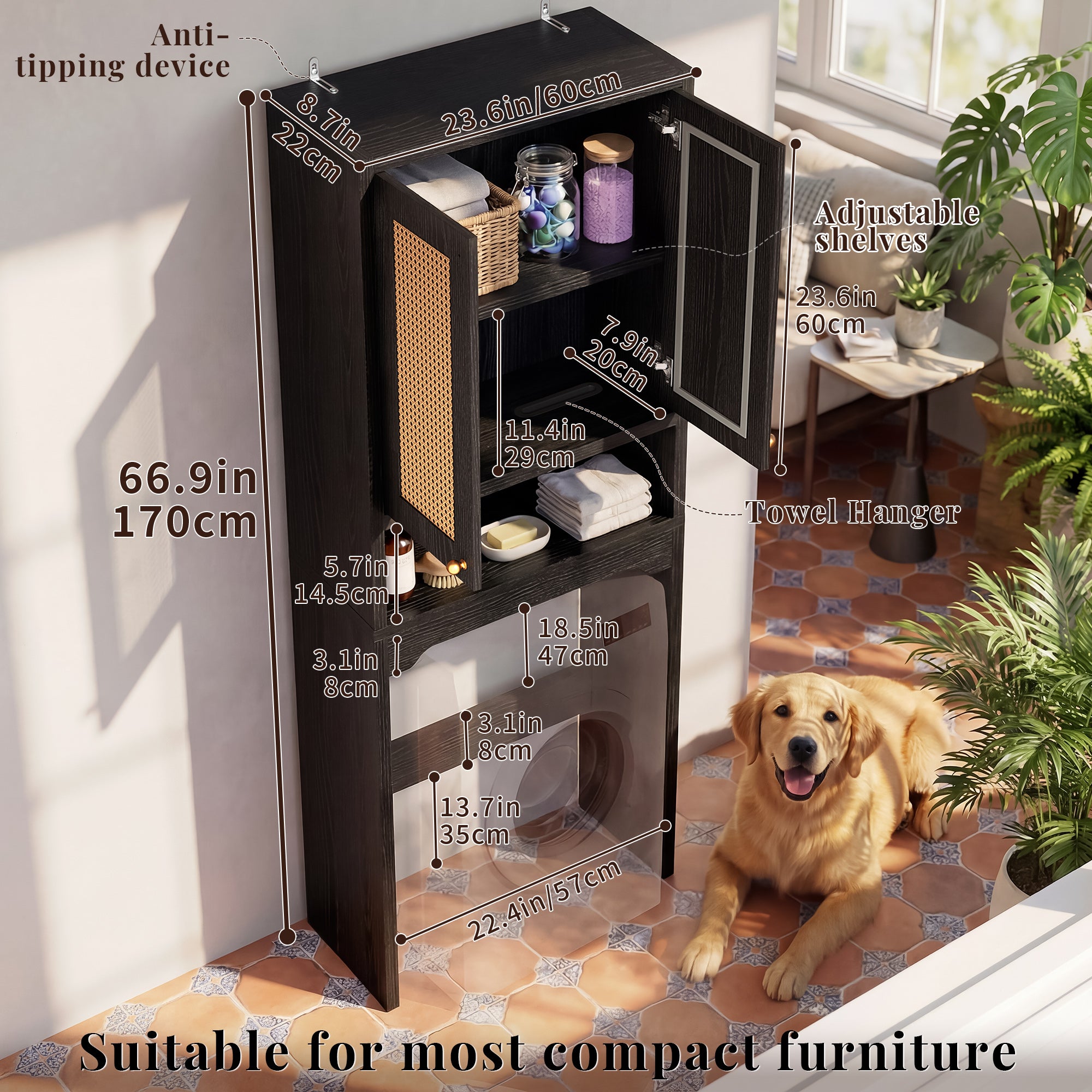 OMCHOM Over-The-Toilet Tall Bathroom Storage Cabinet with Wooden Floor, Rattan Door, 1 Drawer & Open Storage for Bathroom, Kitchen, Living Room
