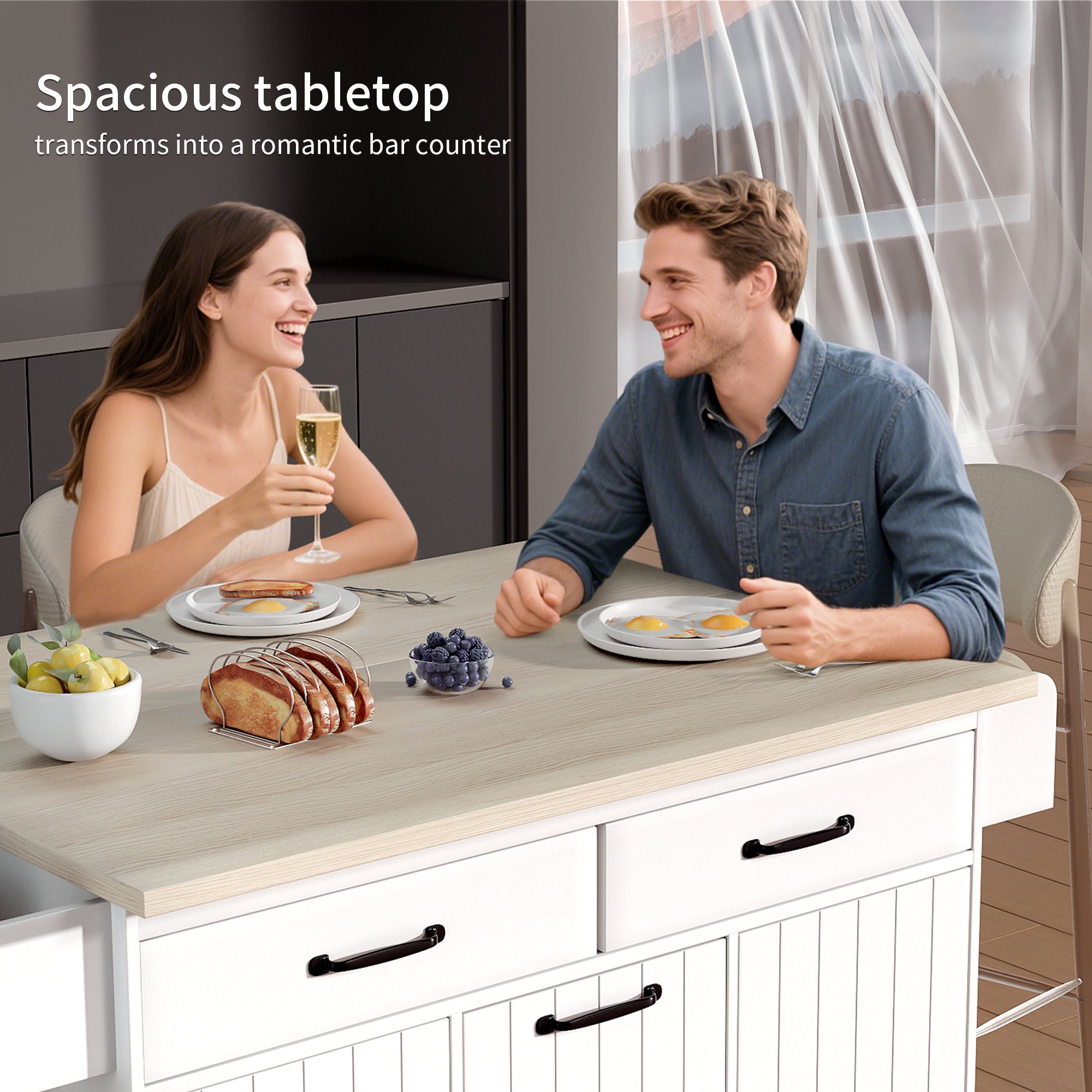K&K White Rolling Kitchen Island with Trash Cabinet, Drop Leaf, Storage & Shelves