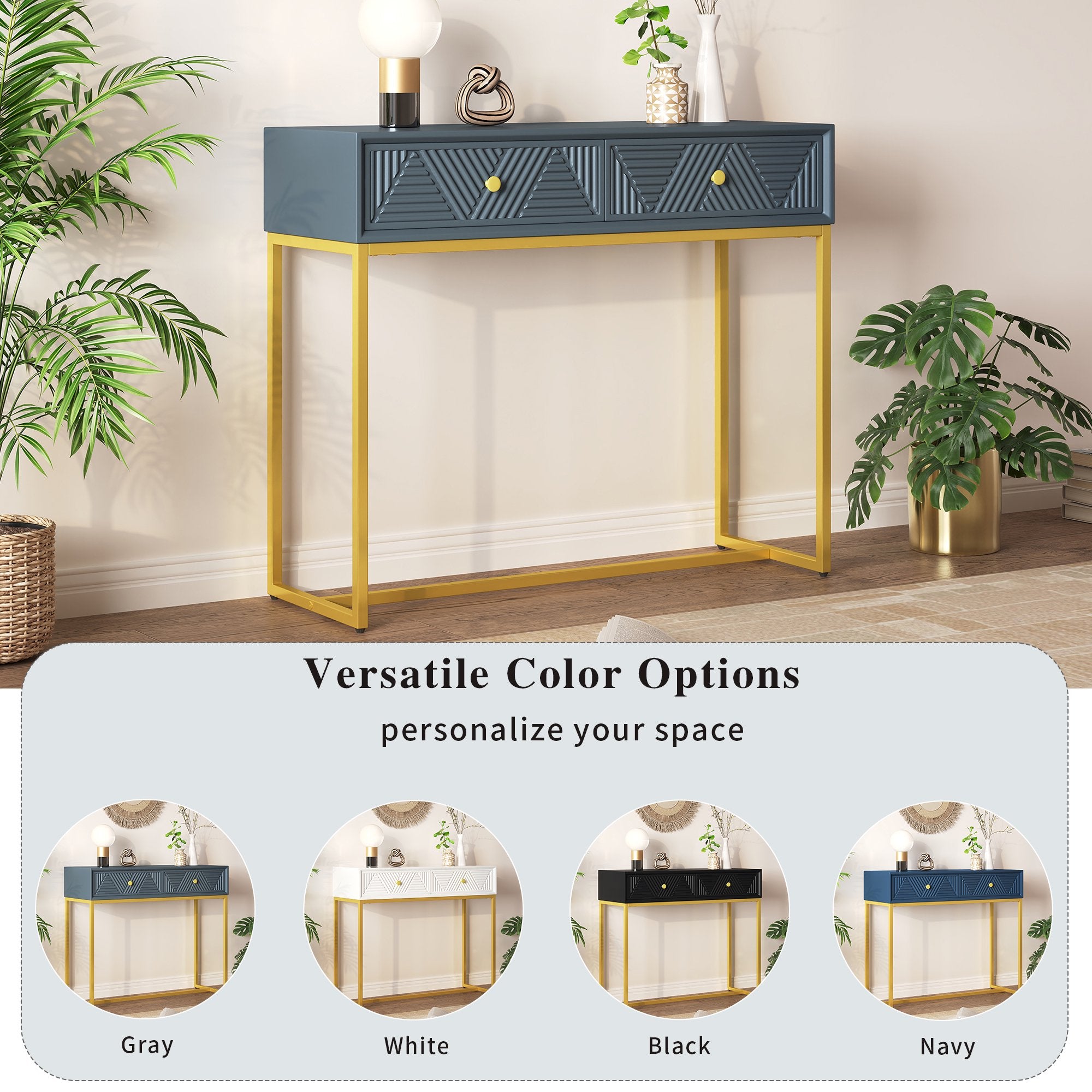 OMCHOM Modern Console Table with 2 Drawers - Sleek Narrow Entryway Table, Wood Sofa Table with Storage & Stripe Design for Living Room & Hallway