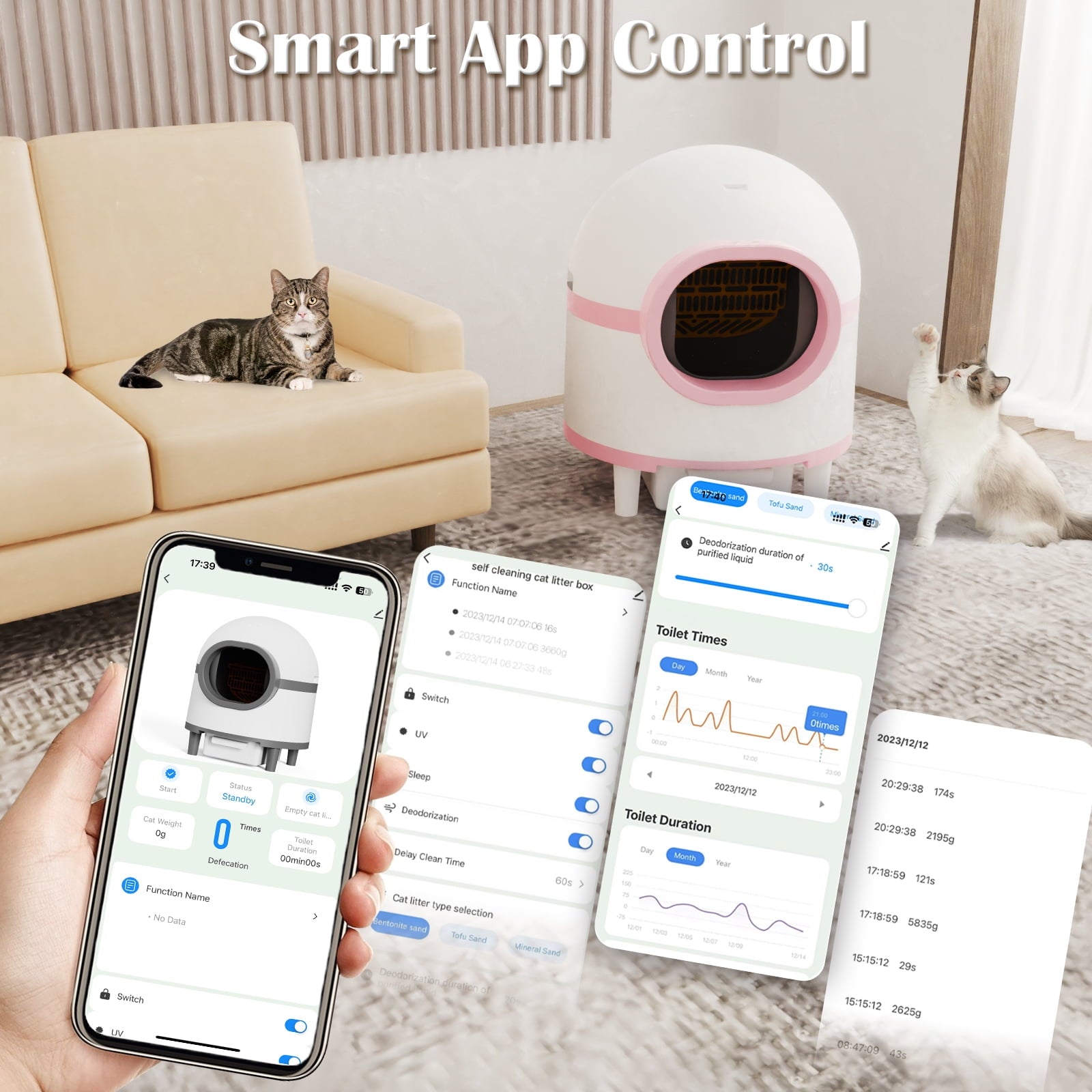 OMCPET Self Cleaning Litter Box, Automatic Cat Litter Box Self Cleaning Large Capacity for Multiple Cats, App-Controlled with Safety Sensors,1 Rolls Garbage Bags,Pink