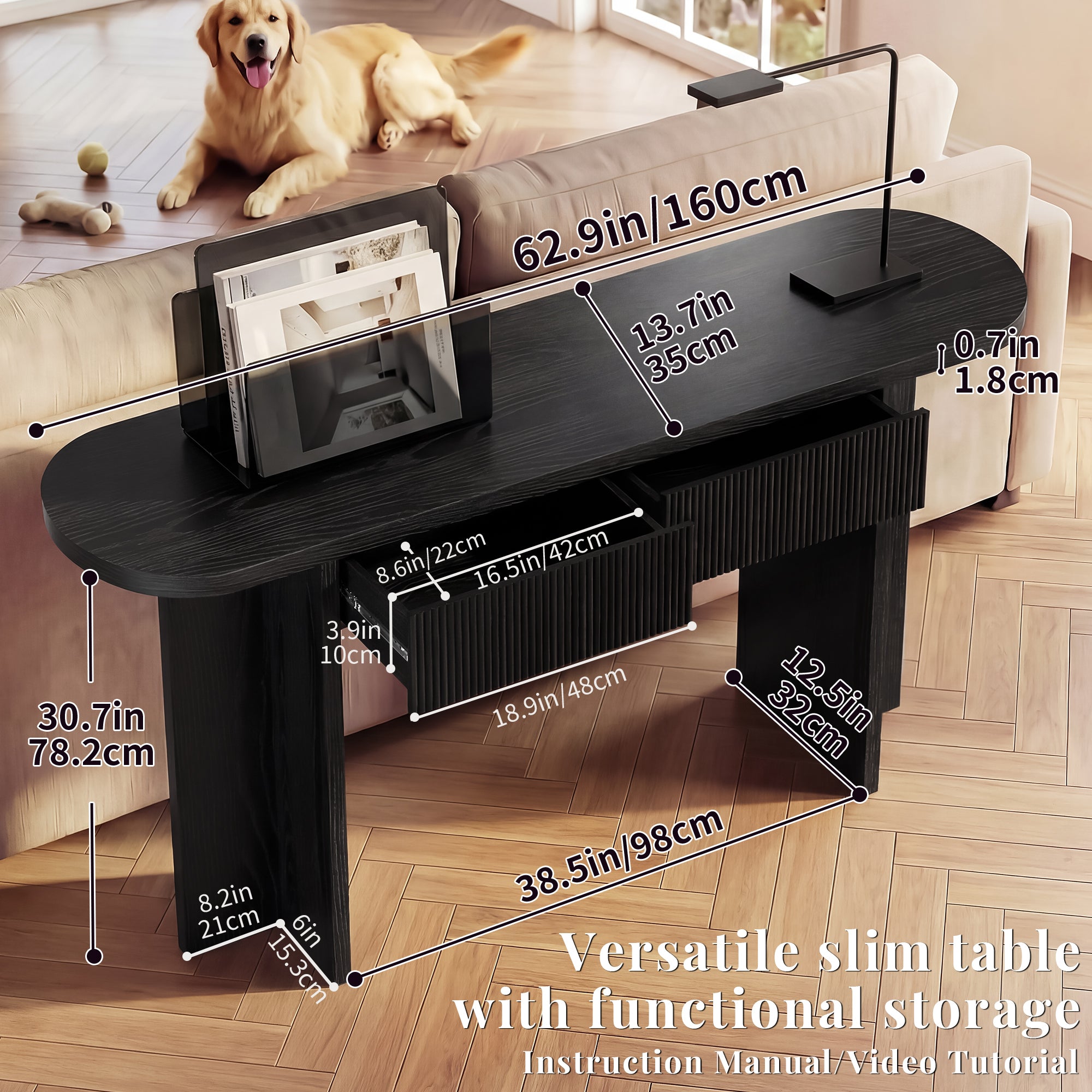 OMCHOM 63-Inch Farmhouse Console Table with Storage with 2 drawers，Entryway Sofa Table for Living Room Use, Hallway Behind Couch Farmhouse Home Decor Wood Piece