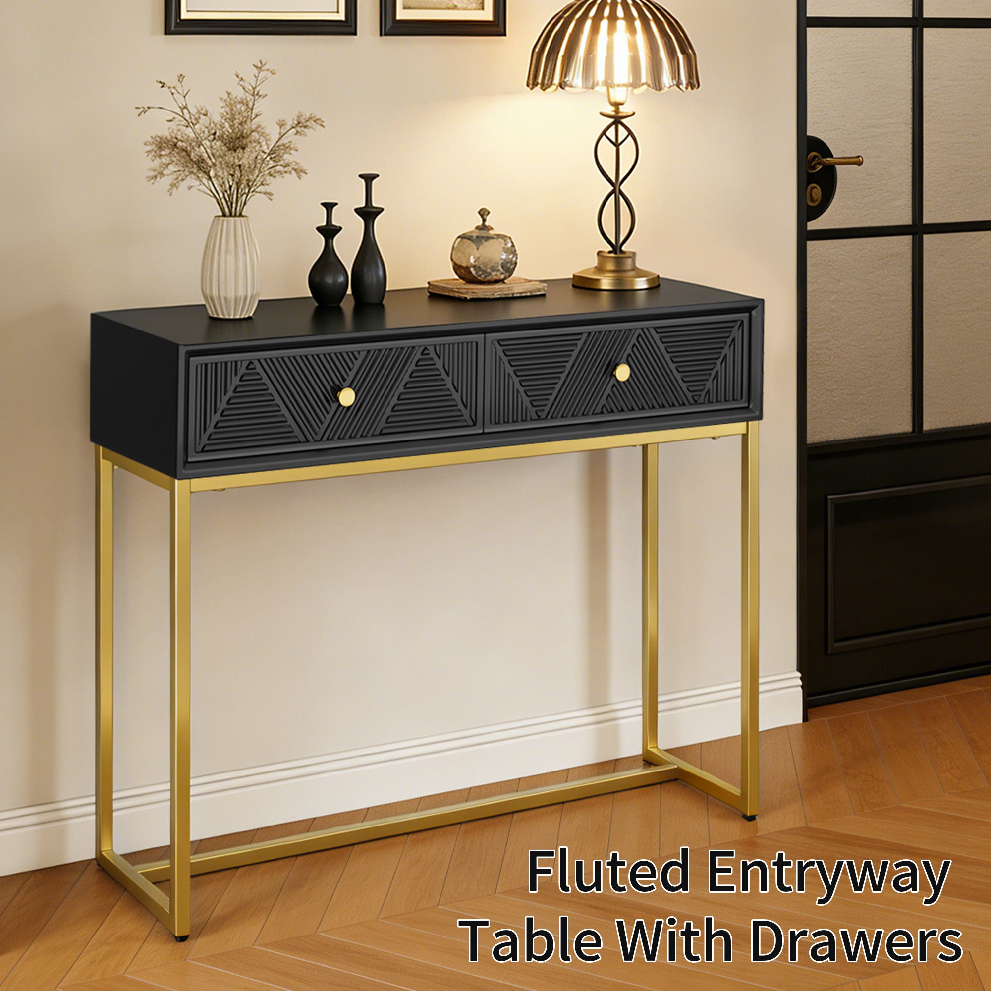 CATLK 38" Console Table with Stripe Design Drawers - Narrow Entryway Table, Wood Sofa Table with Gold Metal Legs for Living Room & Hallway