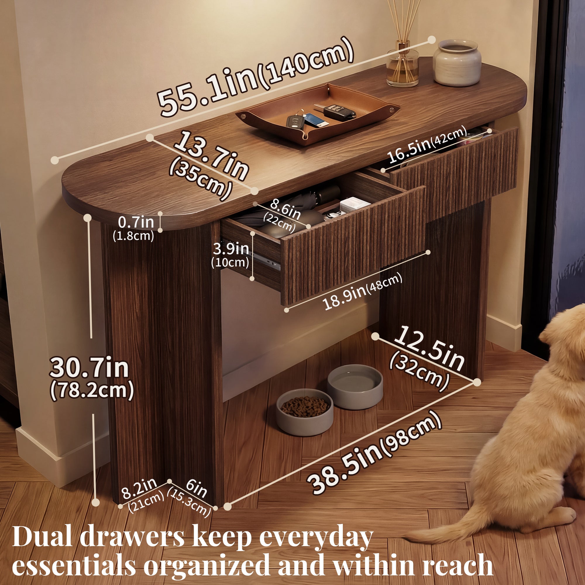 OMCHOM 55” Accent Console Table with Front Apron, Minimalist Style Entrance Table, Open Storage Sofa Table for Entrance, Hallway, Living Room, Bedroom, Dining Room, Corridor, Black