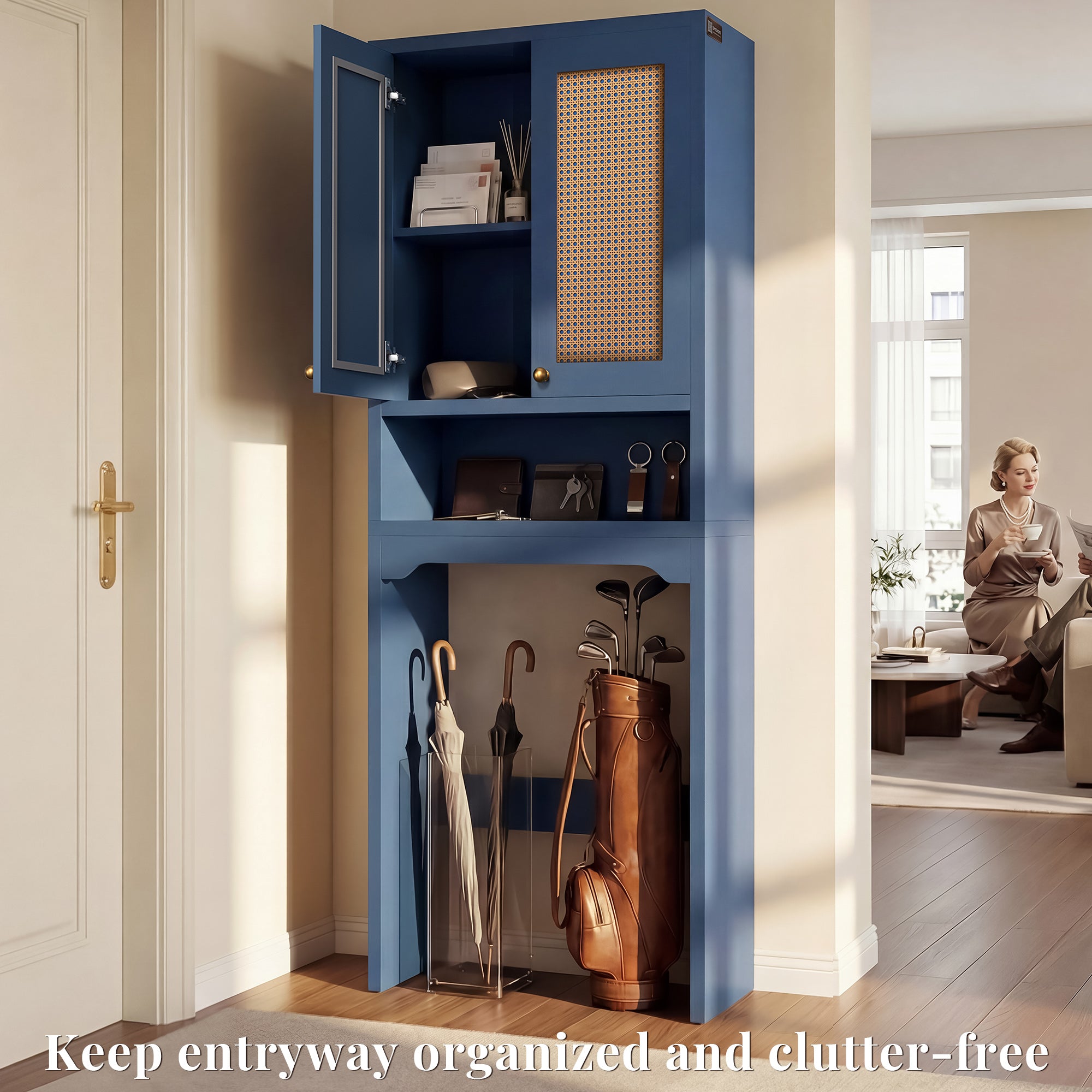 OMCHOM Over-The-Toilet Tall Bathroom Storage Cabinet with Wooden Floor, Rattan Door, 1 Drawer & Open Storage for Bathroom, Kitchen, Living Room