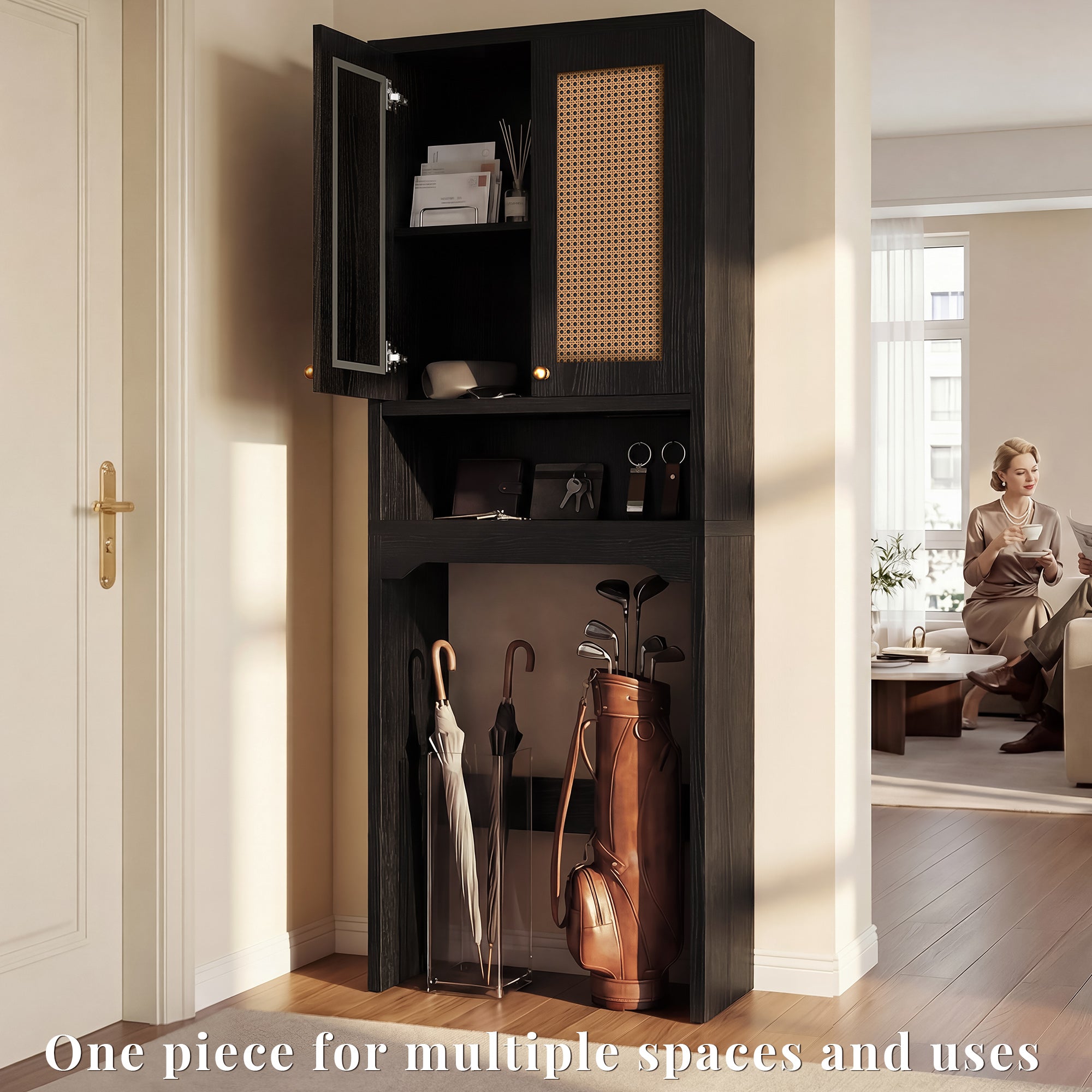 OMCHOM Over-The-Toilet Tall Bathroom Storage Cabinet with Wooden Floor, Rattan Door, 1 Drawer & Open Storage for Bathroom, Kitchen, Living Room