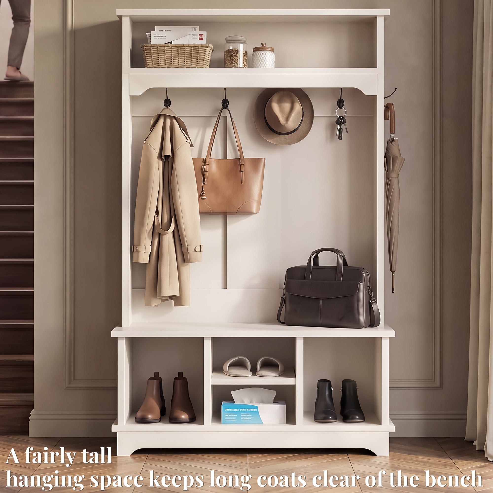 OMCHOM 5-in-1 Entryway Hall Tree with Bench & 4-Hook Coat Rack Organizer with Shoe Storage for Clothes, Shoes, Hats, Scarves, Bags, Umbrellas & Keys | 71" Tall Coat Rack with Shoe Storage & Top Shelf