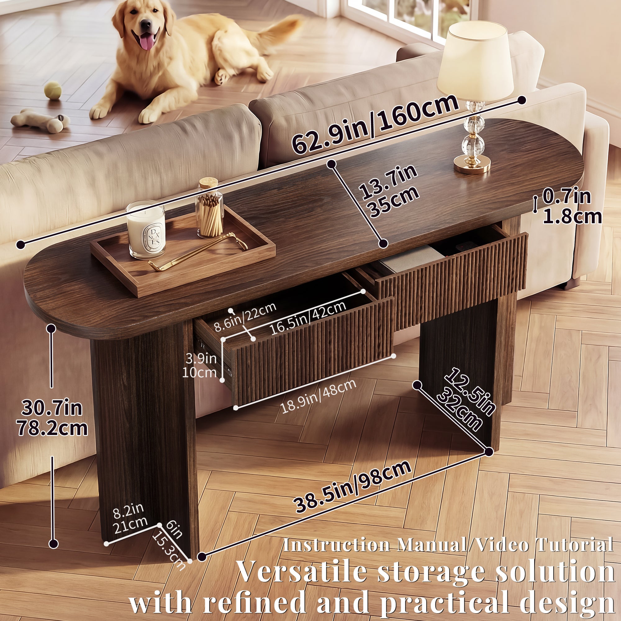 OMCHOM 63-Inch Farmhouse Console Table with Storage with 2 drawers，Entryway Sofa Table for Living Room Use, Hallway Behind Couch Farmhouse Home Decor Wood Piece