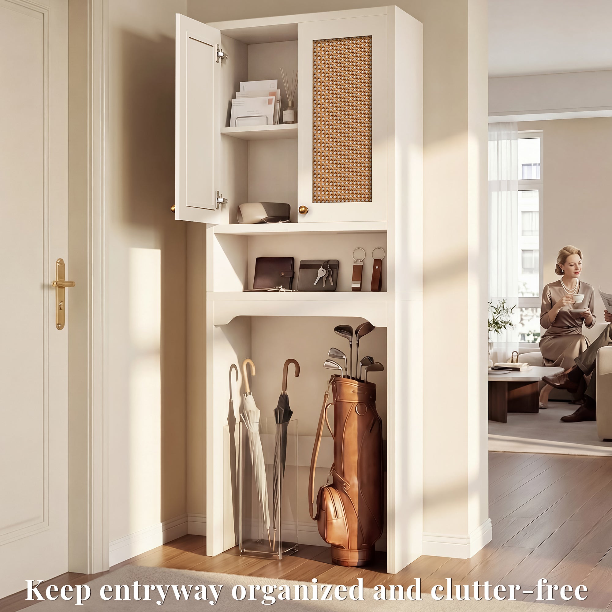 OMCHOM Over-The-Toilet Tall Bathroom Storage Cabinet with Wooden Floor, Rattan Door, 1 Drawer & Open Storage for Bathroom, Kitchen, Living Room
