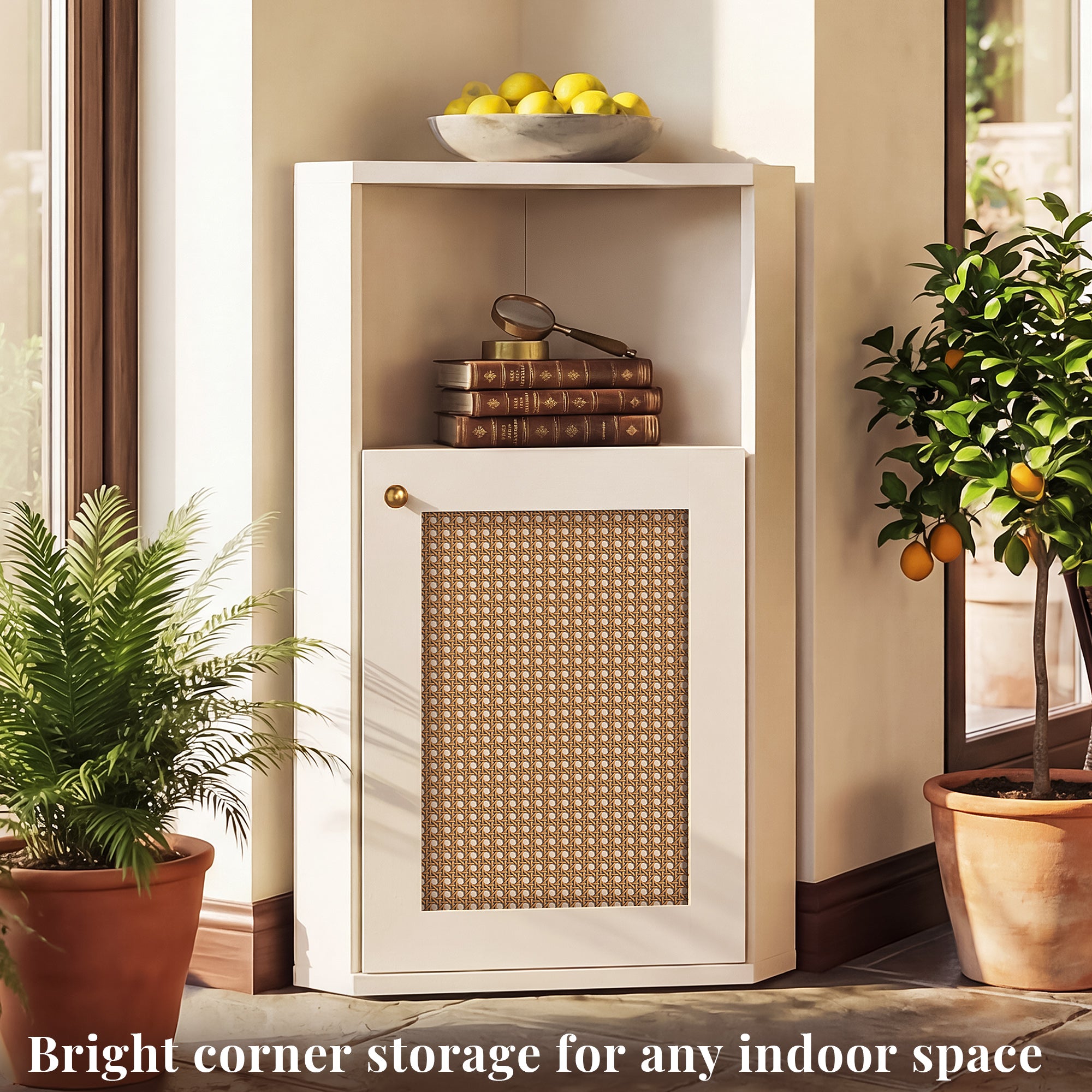 OMCHOM Corner Bathroom Cabinet, Space-Saving 90° Triangular Design with Adjustable Internal Shelf, With Elegant Rattan Door, Anti-Tip & Soft-Close Features, Multipurpose Organizer for Bathroom Bedroom Living Room Entryway