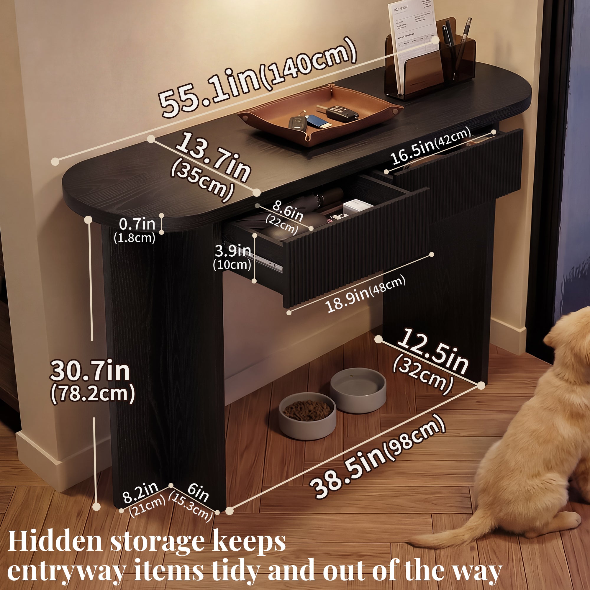OMCHOM 55” Accent Console Table with Front Apron, Minimalist Style Entrance Table, Open Storage Sofa Table for Entrance, Hallway, Living Room, Bedroom, Dining Room, Corridor, Black