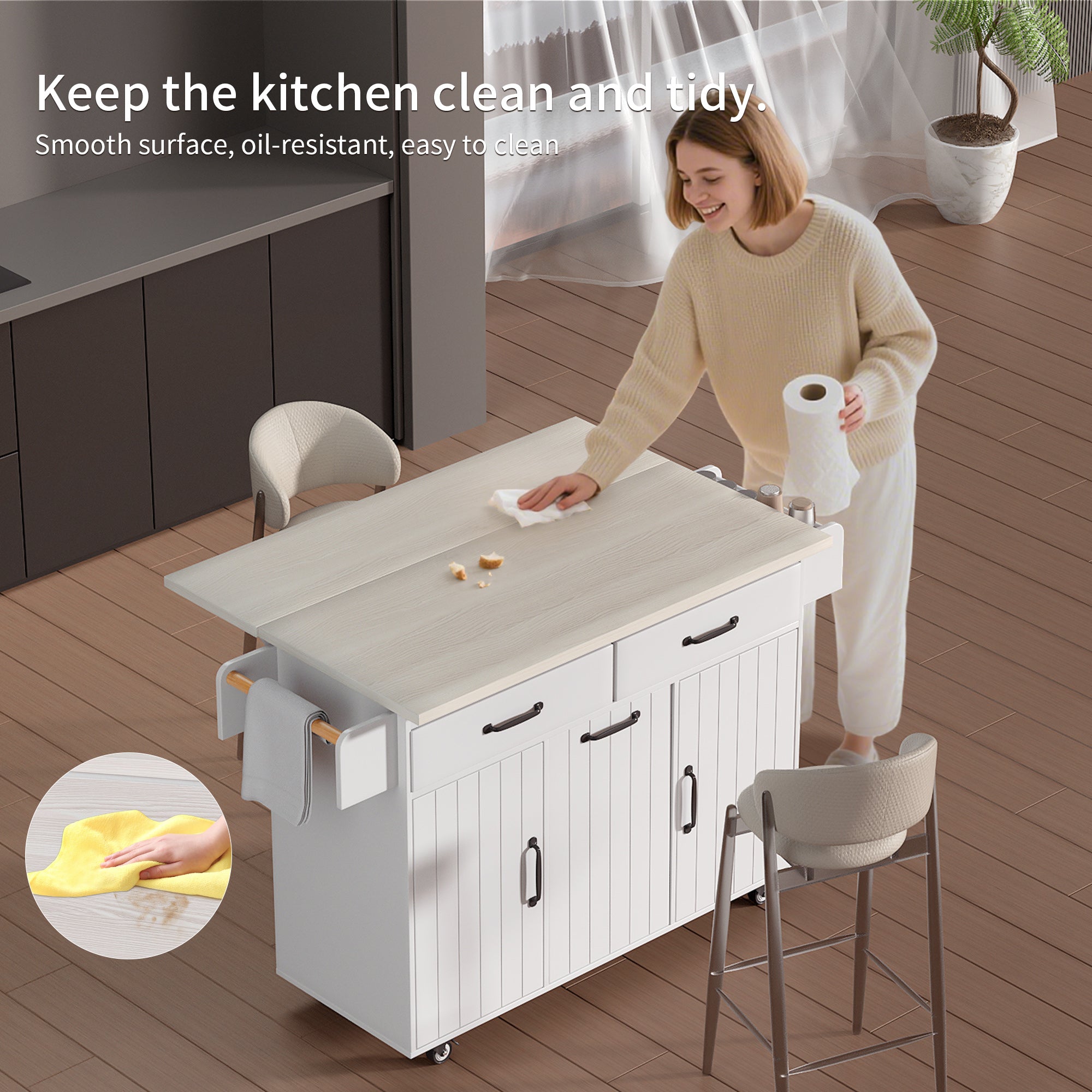 K&K White Rolling Kitchen Island with Trash Cabinet, Drop Leaf, Storage & Shelves