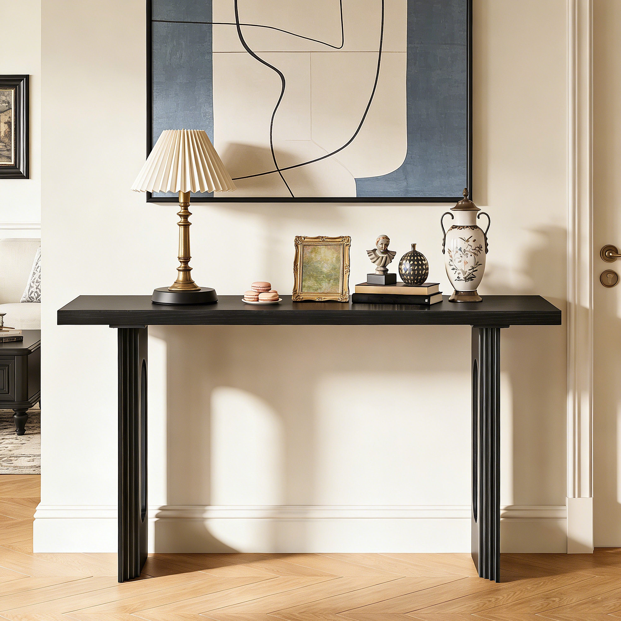 CATLK 59.2 Inch Console Table - Sofa Table Hallway Table, Solid Wood Veneer Console Table Behind Couch with Round Hollow Legs for Foyer, Living Room or Hallway