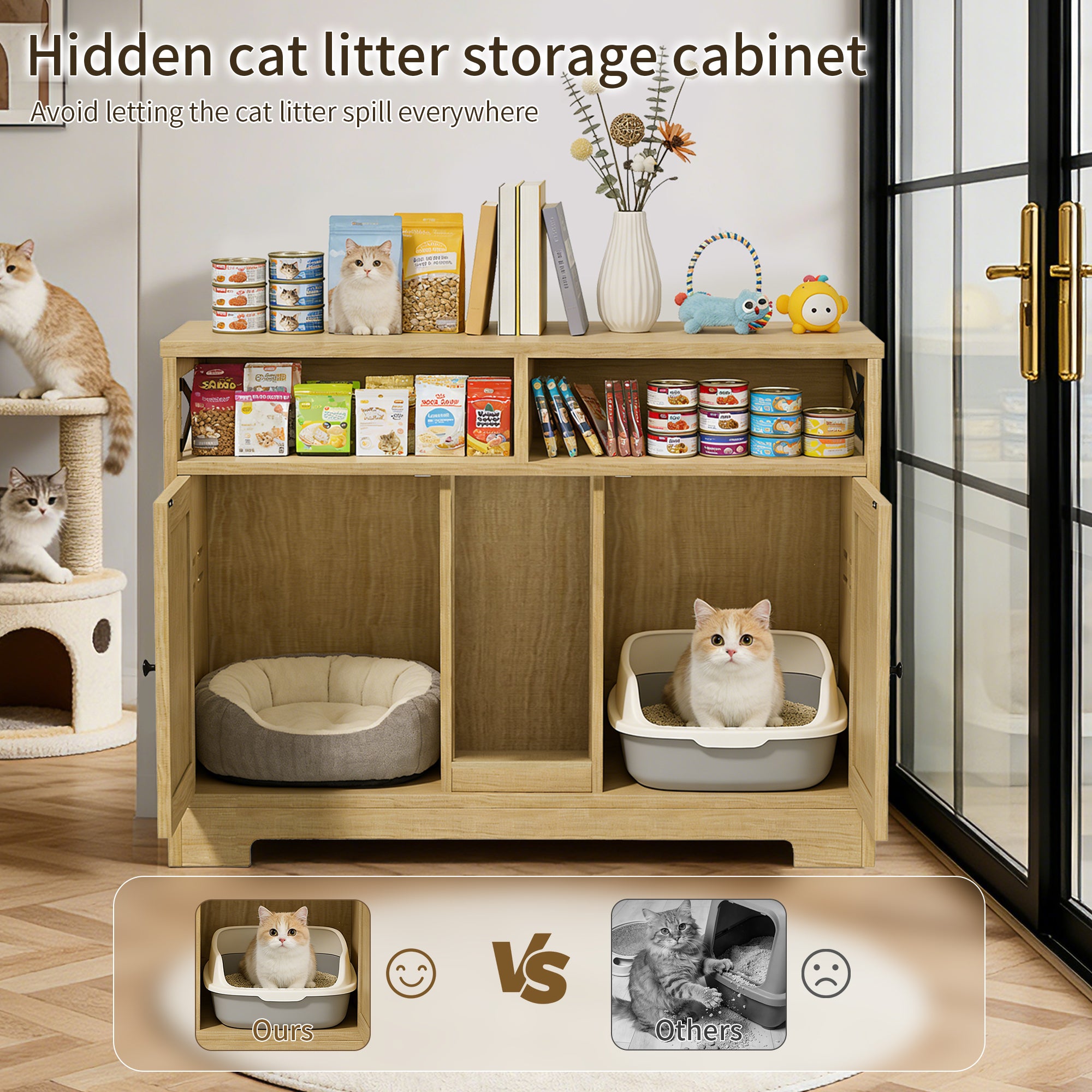 CATLK Double Cat Litter Box Enclosure - Hidden Litter Box Furniture Cabinet with Storage for 2 Cats, Wood Indoor Cat House Washroom End Side Table, Brown