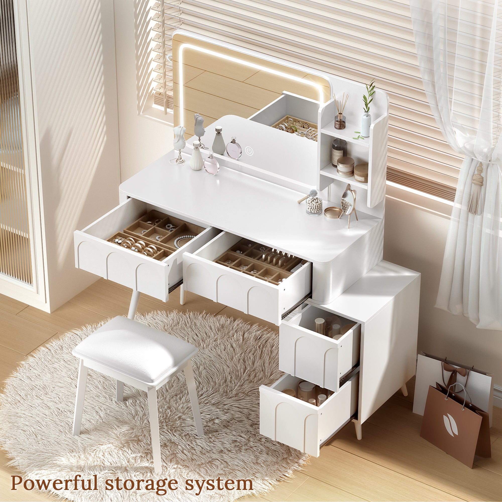 White Vanity Set with LED Mirror & 4 Drawers