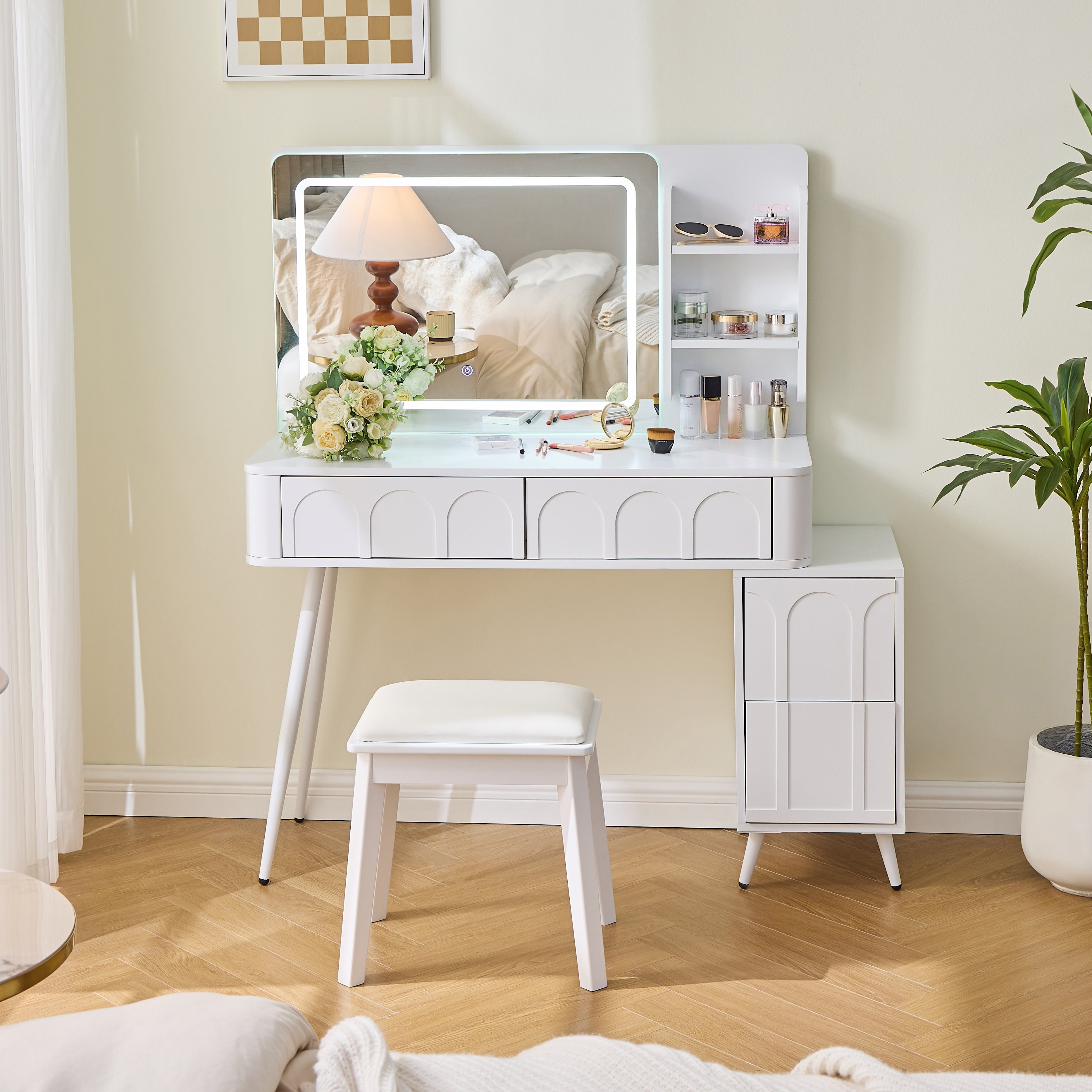 Modern Makeup Vanity Desk with LED Lights & Mirror, 4 Drawer Dressing Table Set with Stool, White