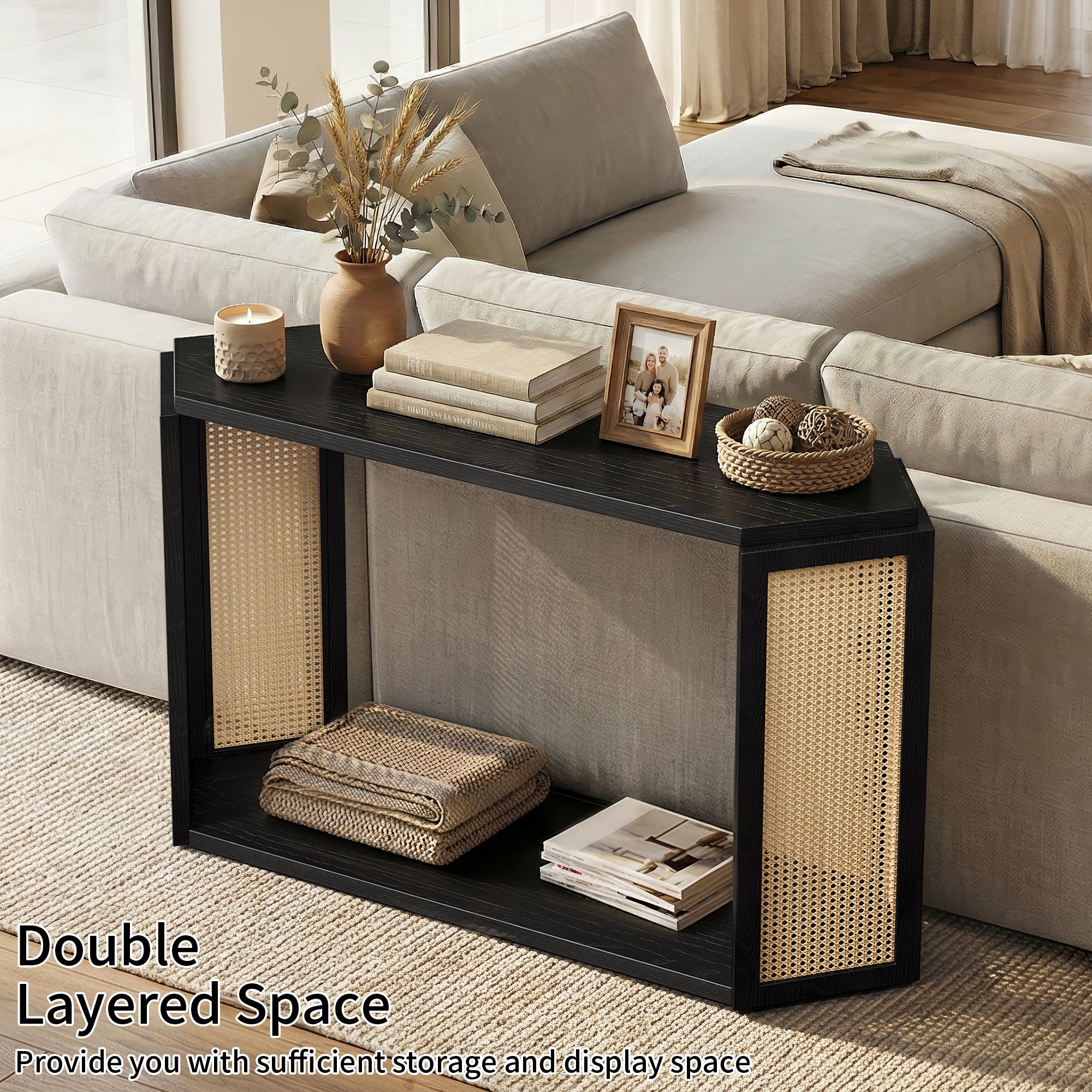 CATLK 53.54" Rattan Console Table with Open Shelf - Narrow Sofa Table Rhombus Wooden Table for Entryway, Hallway, Living Room