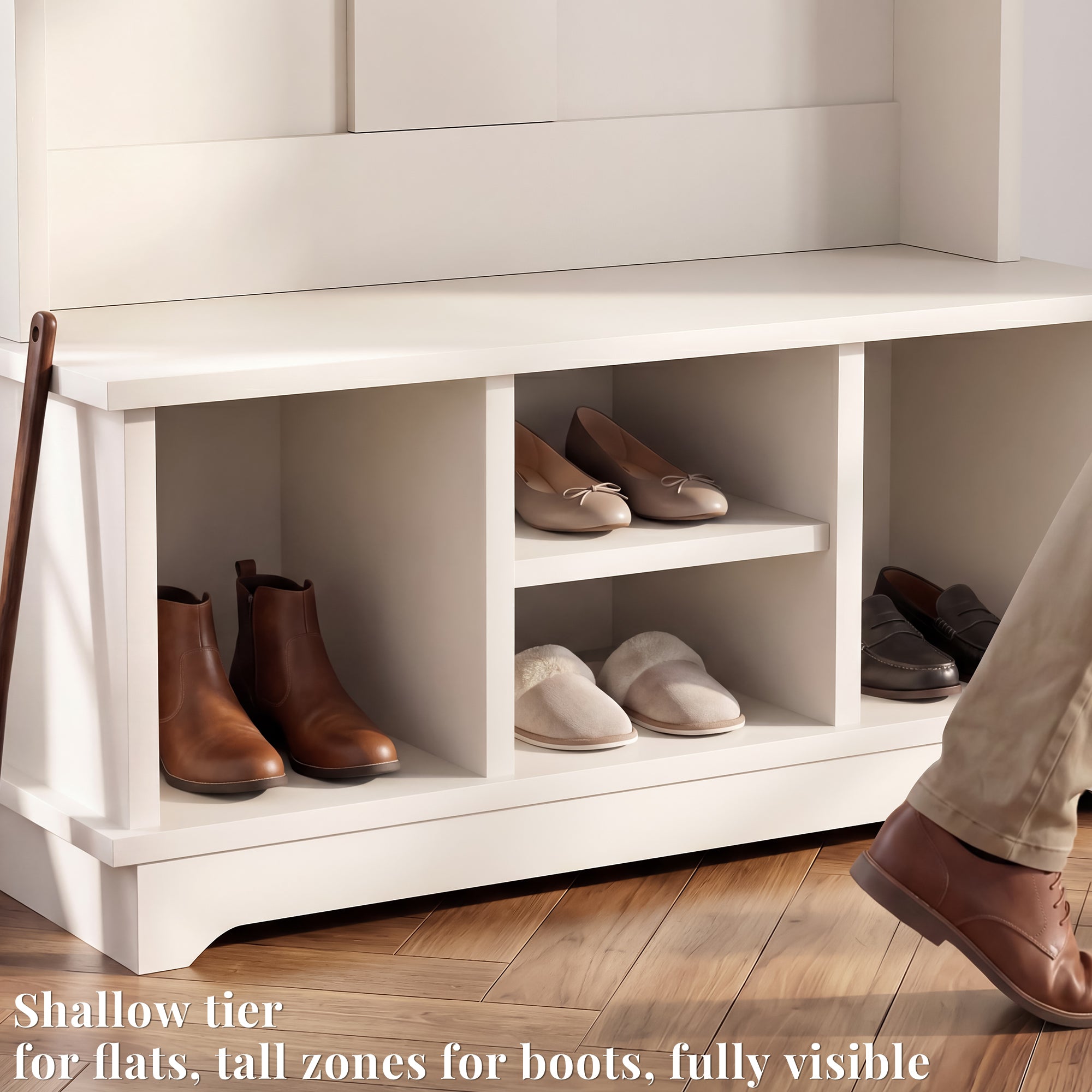 OMCHOM 5-in-1 Entryway Hall Tree with Bench & 4-Hook Coat Rack Organizer with Shoe Storage for Clothes, Shoes, Hats, Scarves, Bags, Umbrellas & Keys | 71" Tall Coat Rack with Shoe Storage & Top Shelf