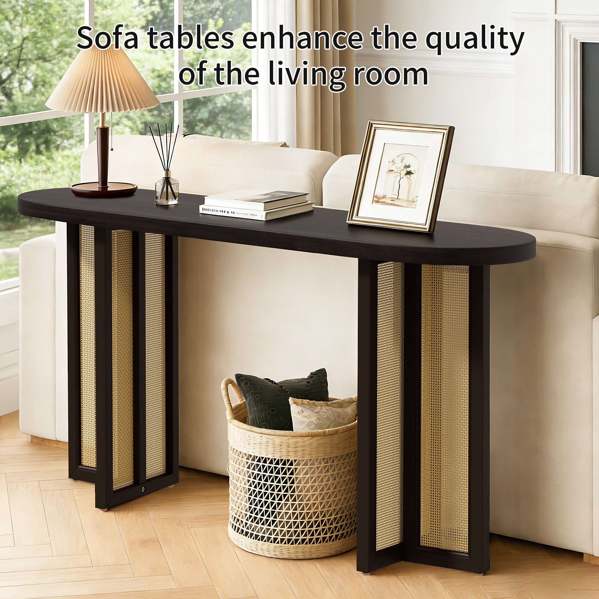 CATLK 47.8" Farmhouse Rattan Console Table - Oval Wooden Sofa Table Behind Couch, Narrow Entryway Table for Entryway & Living Room