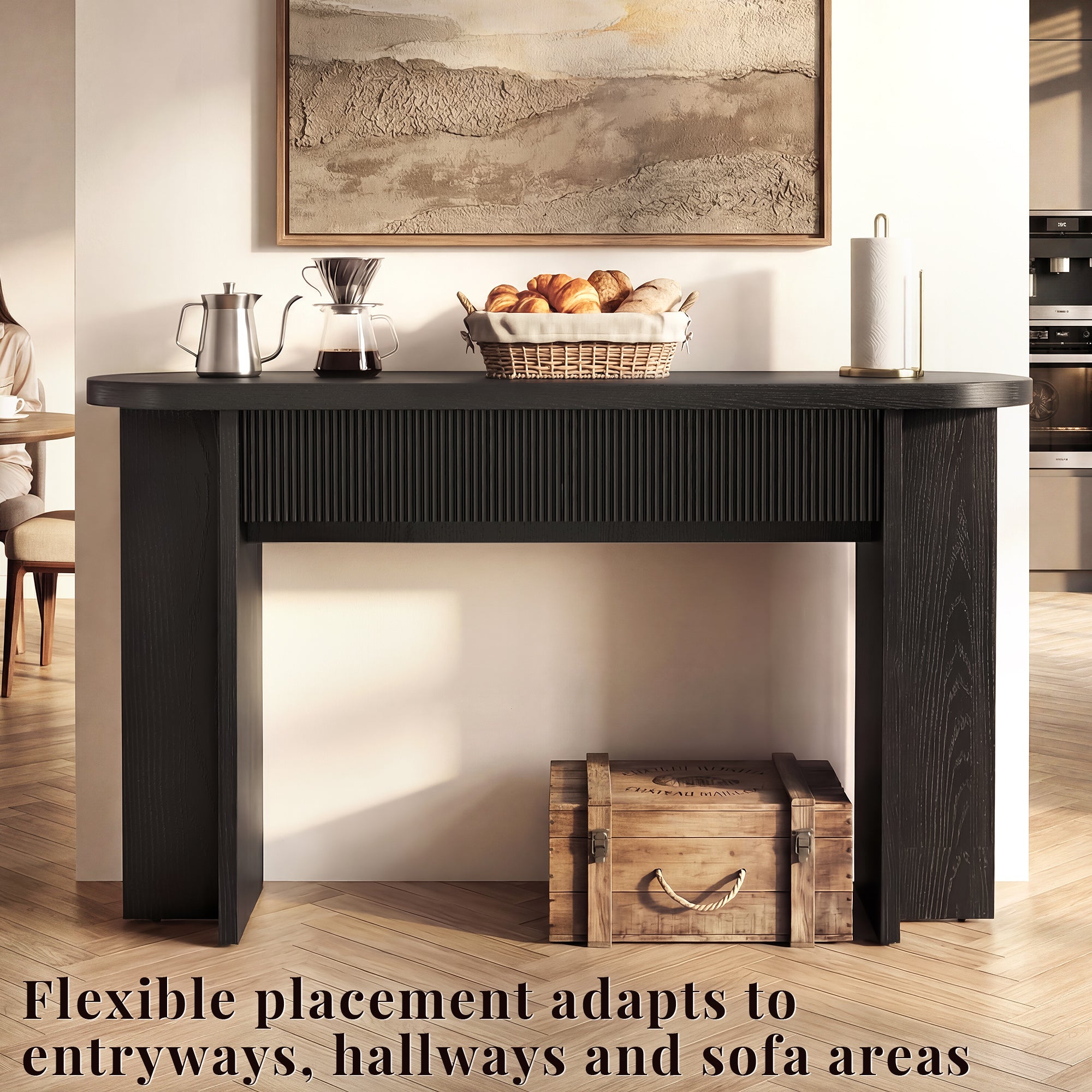 OMCHOM 55” Accent Console Table with Front Apron, Minimalist Style Entrance Table, Open Storage Sofa Table for Entrance, Hallway, Living Room, Bedroom, Dining Room, Corridor, Black