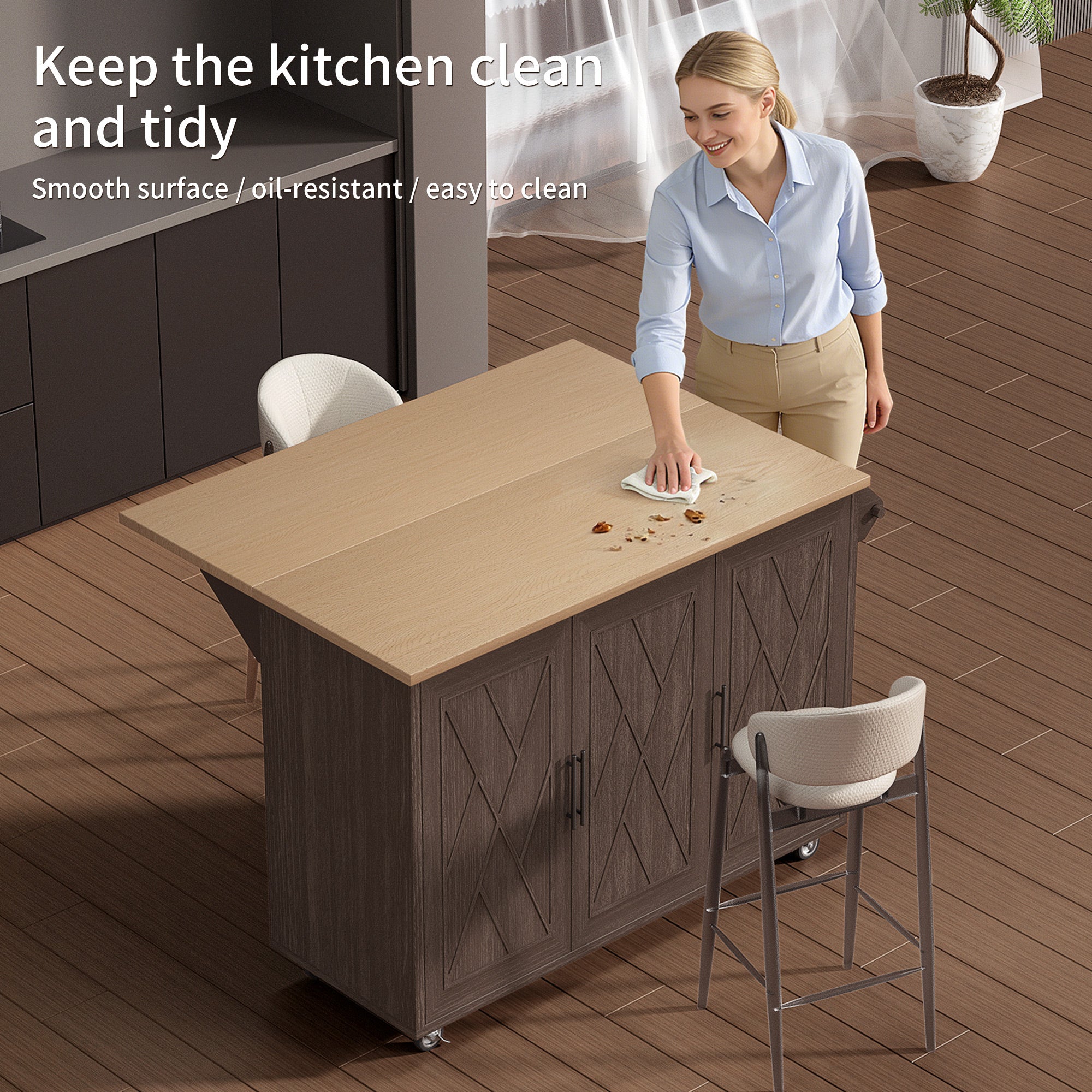 CATLK 51.2"W Kitchen Island on Wheels, Rolling Kitchen Island Cart with Solid Wood Drop Leaf Prep Table, Kitchen Islands with Storage Cabinet and Towel Rack, Island Table